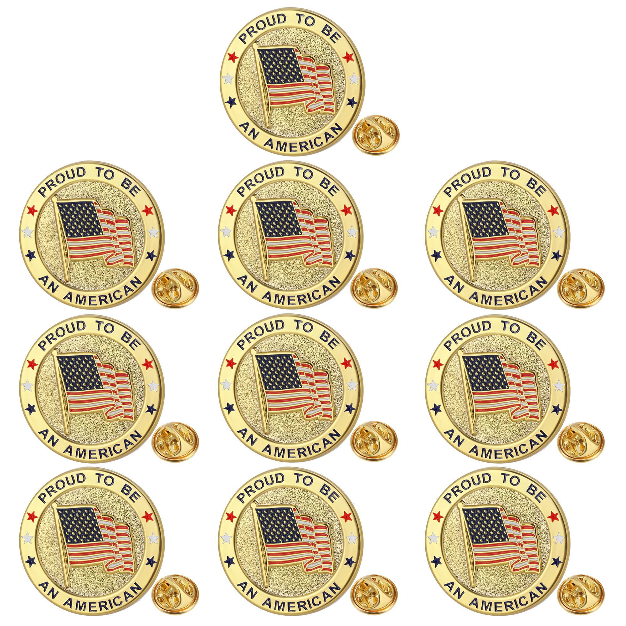 10 Pack Round American Flag Pins - Gold USA Flag Lapel Pins for Memorial Day, Independence Day, Veterans Day & Patriotic Events - Perfect for Suits, Hats, Bags & Gifts
