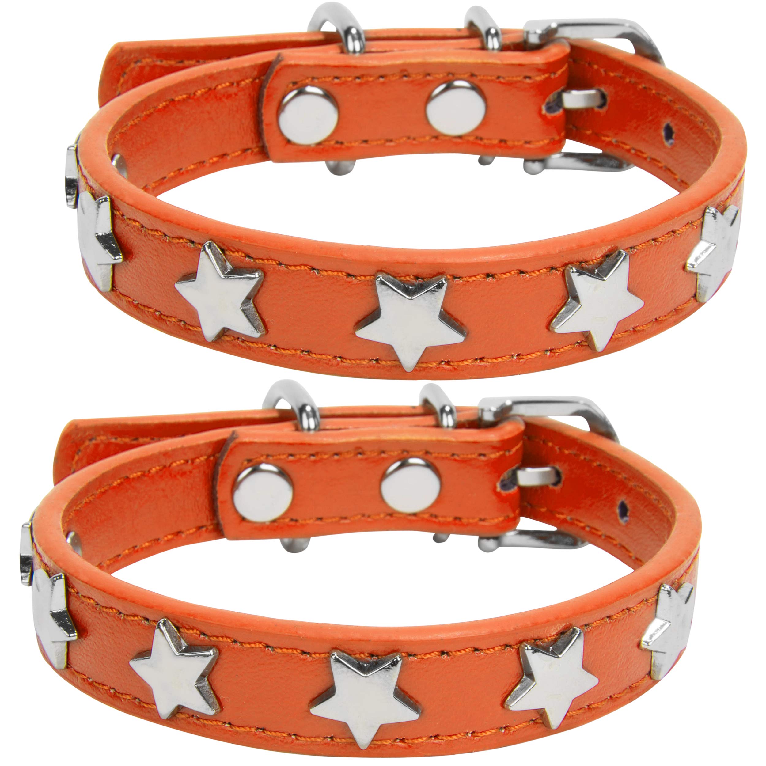Stars Studded Extra Large Leather Dog Collar 2 Pack (14-18 Inches) - Orange, Durable & Stylish for Big Dogs, Perfect for Training, Walking, and Outdoor Adventures