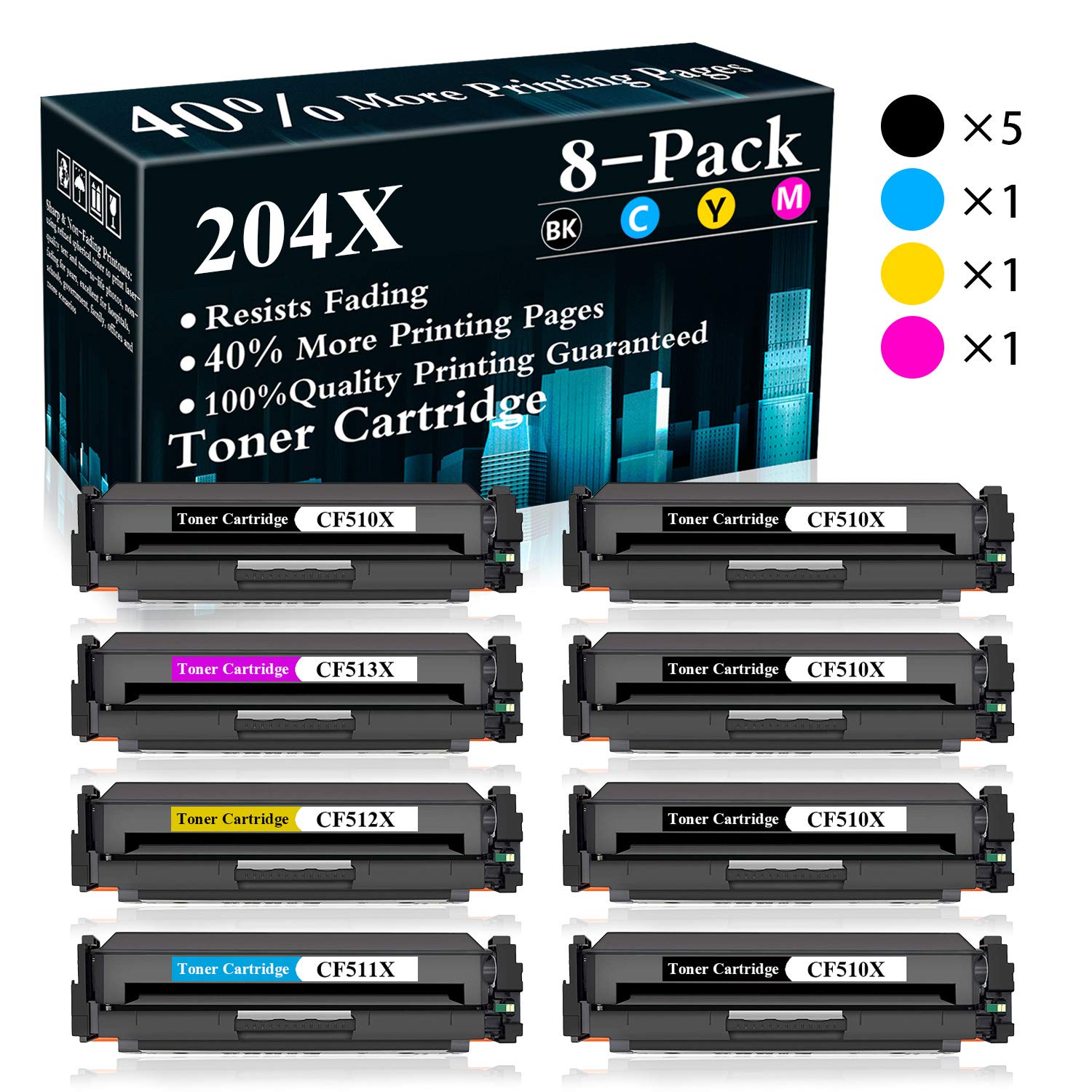 8-Pack (5BK+C+M+Y) 204X | CF510X CF511X CF512X CF513X Compatible Toner Cartridges Replacement for HP Color LaserJet Pro M154a/M154nw/MFP M180n/MFP M181fw/MFP M181fdw/MFP M180nw Printers - High-Yield Printing for Office & Home Use - Sold by TopInk