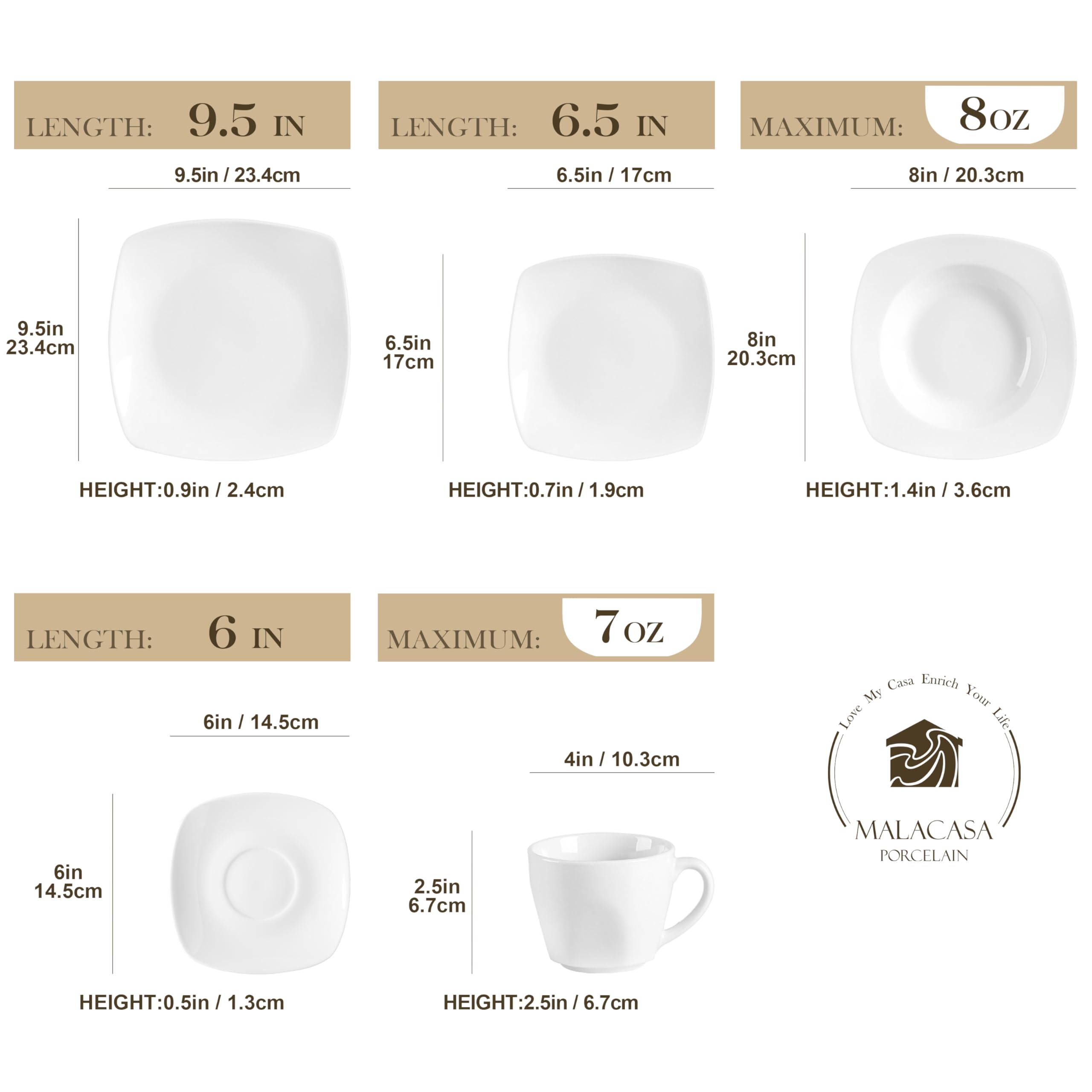 MALACASA 60-Piece Porcelain Dinnerware Set for 12 - Square Plates, Bowls, Cups & Saucers in Modern Gray White | Julia Series | Perfect for Family Dinners, Restaurants & Entertaining Guests