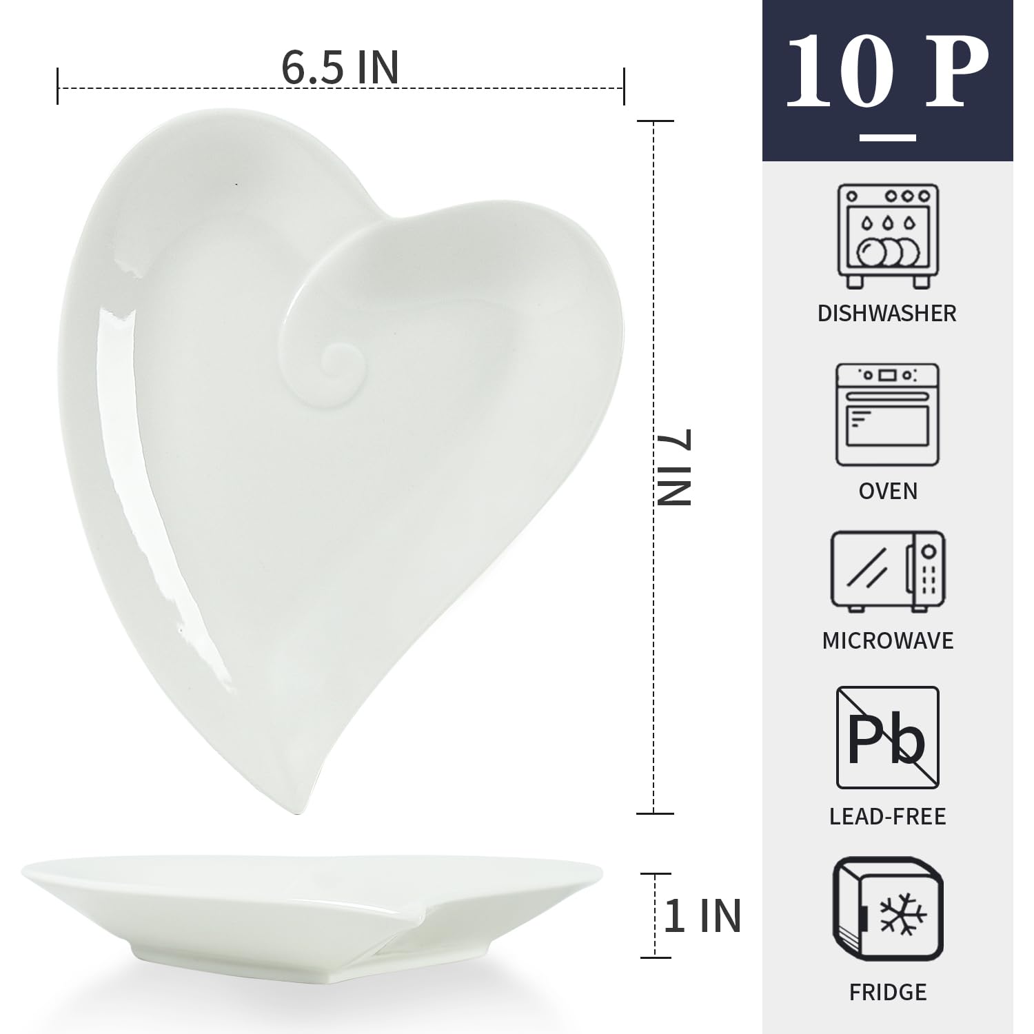 10-Piece 7-Inch White Porcelain Heart-Shaped Appetizer Plates Set - Microwave & Dishwasher Safe Small Dessert Plates for Cake, Ice Cream, Waffles - Perfect for Valentine's Day, Bridal Showers & Romantic Dinners