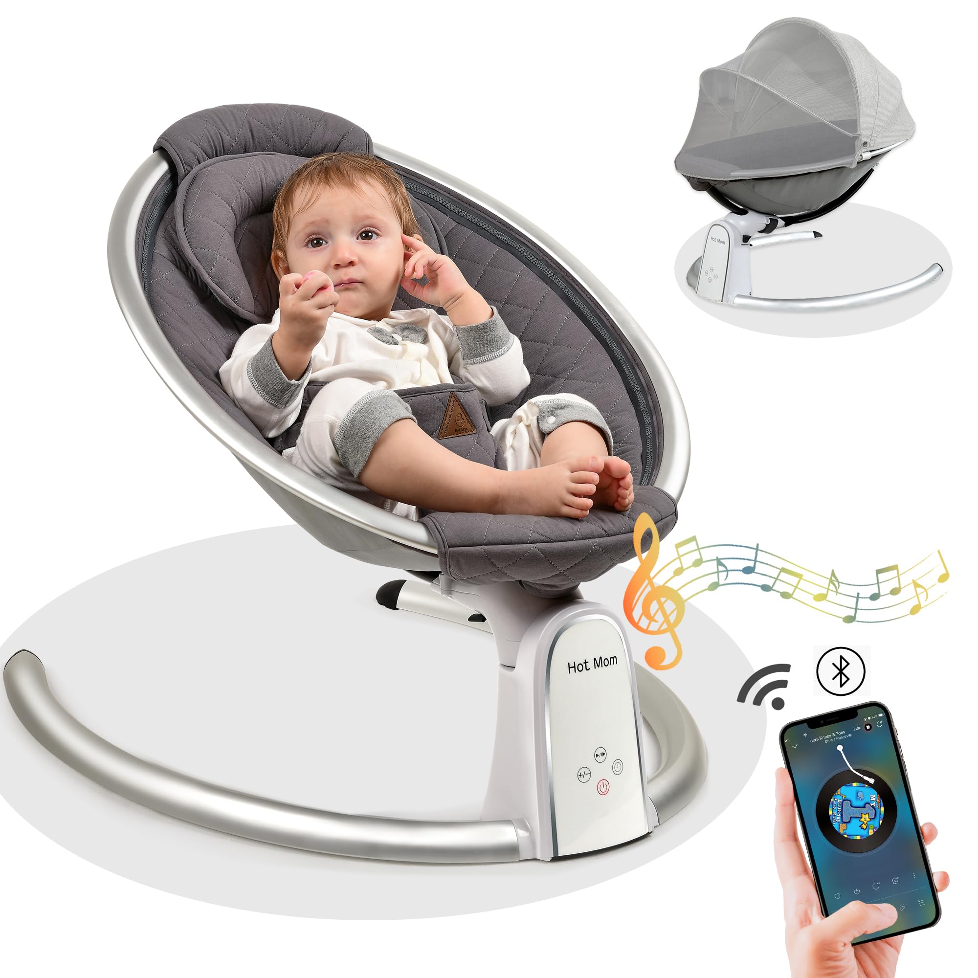 Smart Bluetooth Baby Swing with Music Speaker - Automatic Electric Baby Bouncer & Rocker for Infants - LED Touch Screen, Intelligent Timing - Perfect for Nursery, Daycare & Home Use (Grey)