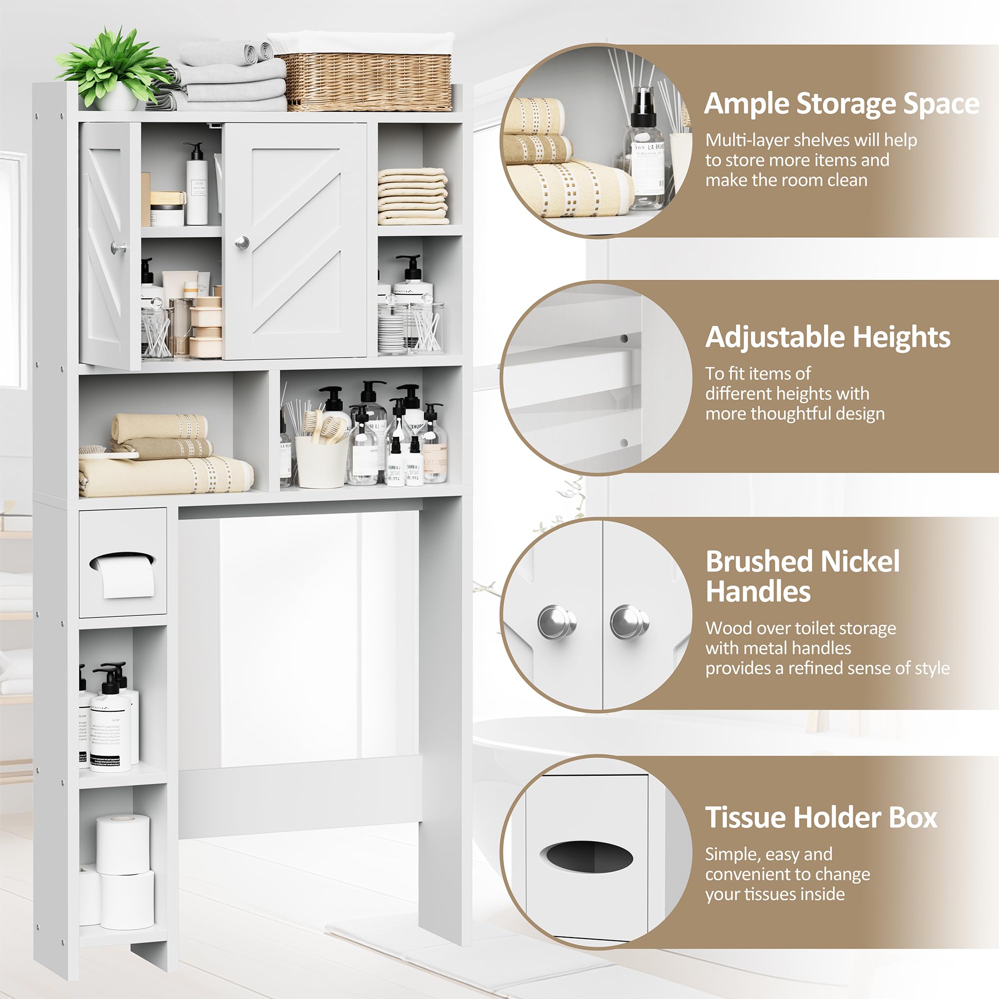 Meilocar Over The Toilet Storage Cabinet - Freestanding Farmhouse Bathroom Organizer with Adjustable Shelf & Toilet Paper Holder, White | Space-Saving Storage for Small Bathrooms, Apartments & Powder Rooms