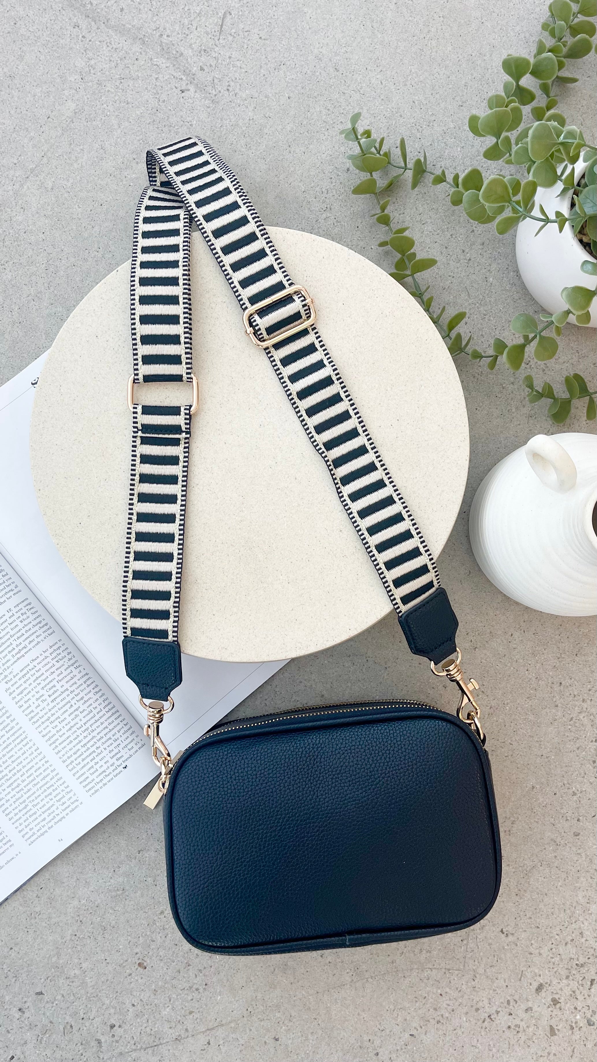Bella Striped Webbing Camera Bag - Black | Stylish DSLR/SLR Camera Case for Photographers | Perfect for Travel, Hiking & Outdoor Photography