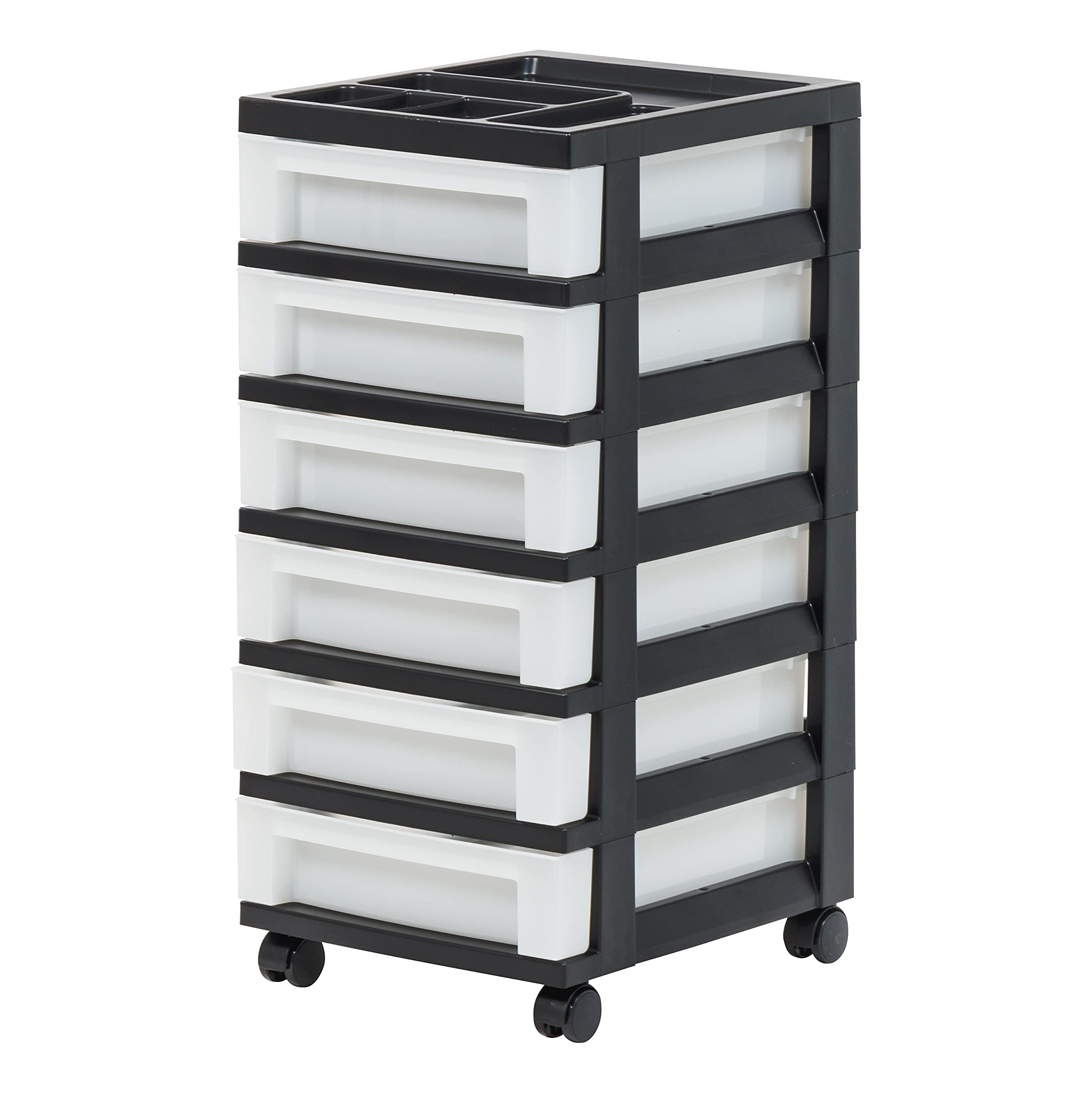 IRIS USA 6-Drawer Rolling Storage Cart with Wheels - Plastic Organizer for Classroom, Craft Supplies, Bedroom, Bathroom & Laundry Room - Black & Pearl - Perfect for Home Organization, Dorm Rooms & Office Storage