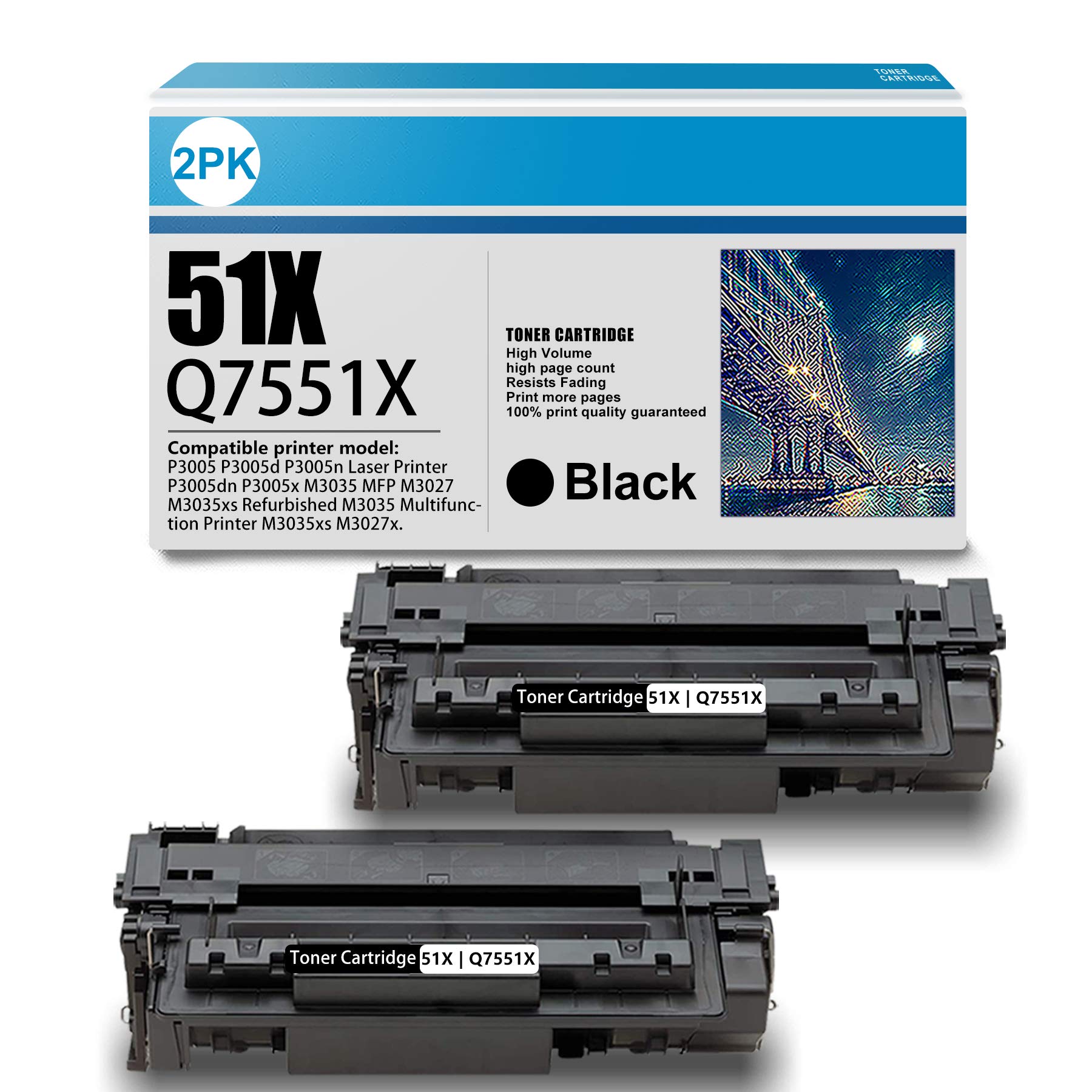 High Yield Q7551X Toner Cartridge Replacement (2-Pack Black) for HP P3005/P3005d/P3005n/P3005dn/P3005x/M3035/MFP M3027/M3035xs Printers | Compatible with Office & Home Printing Needs