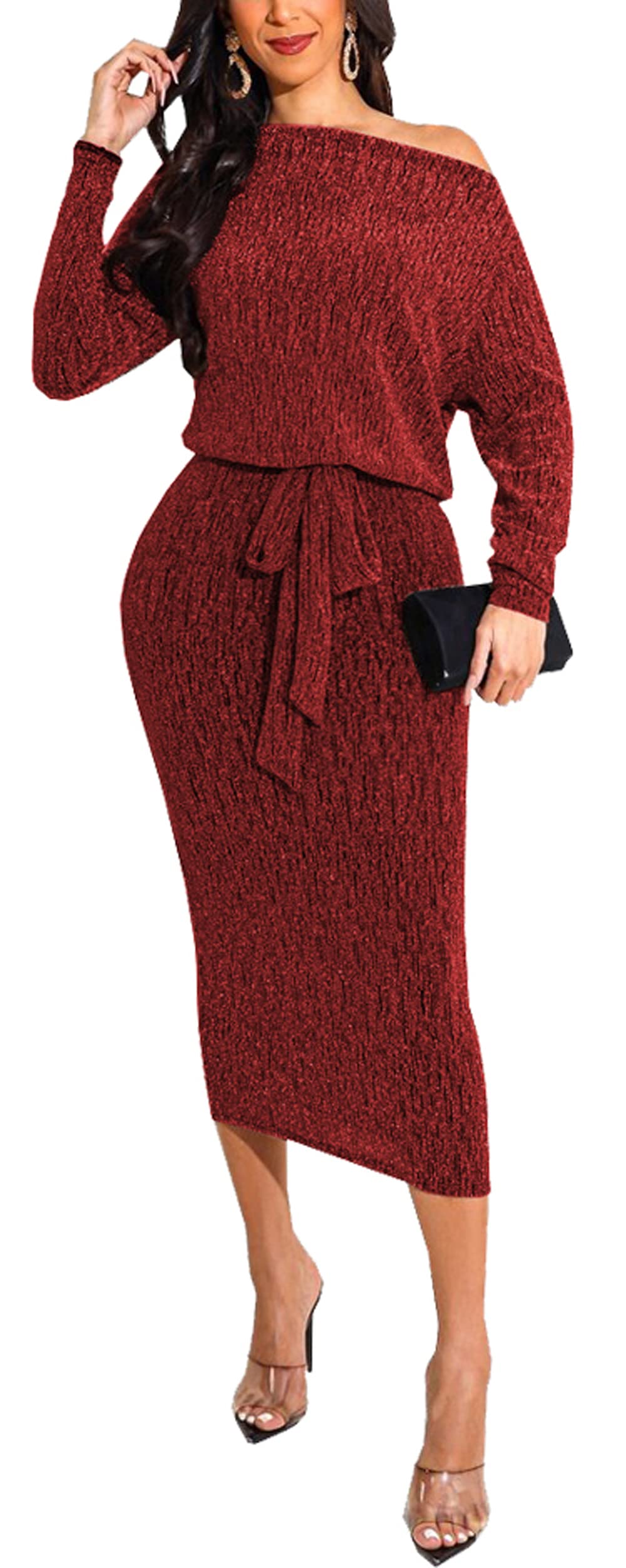 Sparkly Sequin Cocktail Dress for Women - Long Sleeve Glitter Party Dress, Elegant Midi Clubwear for Night Out, Holiday Party & Special Occasions