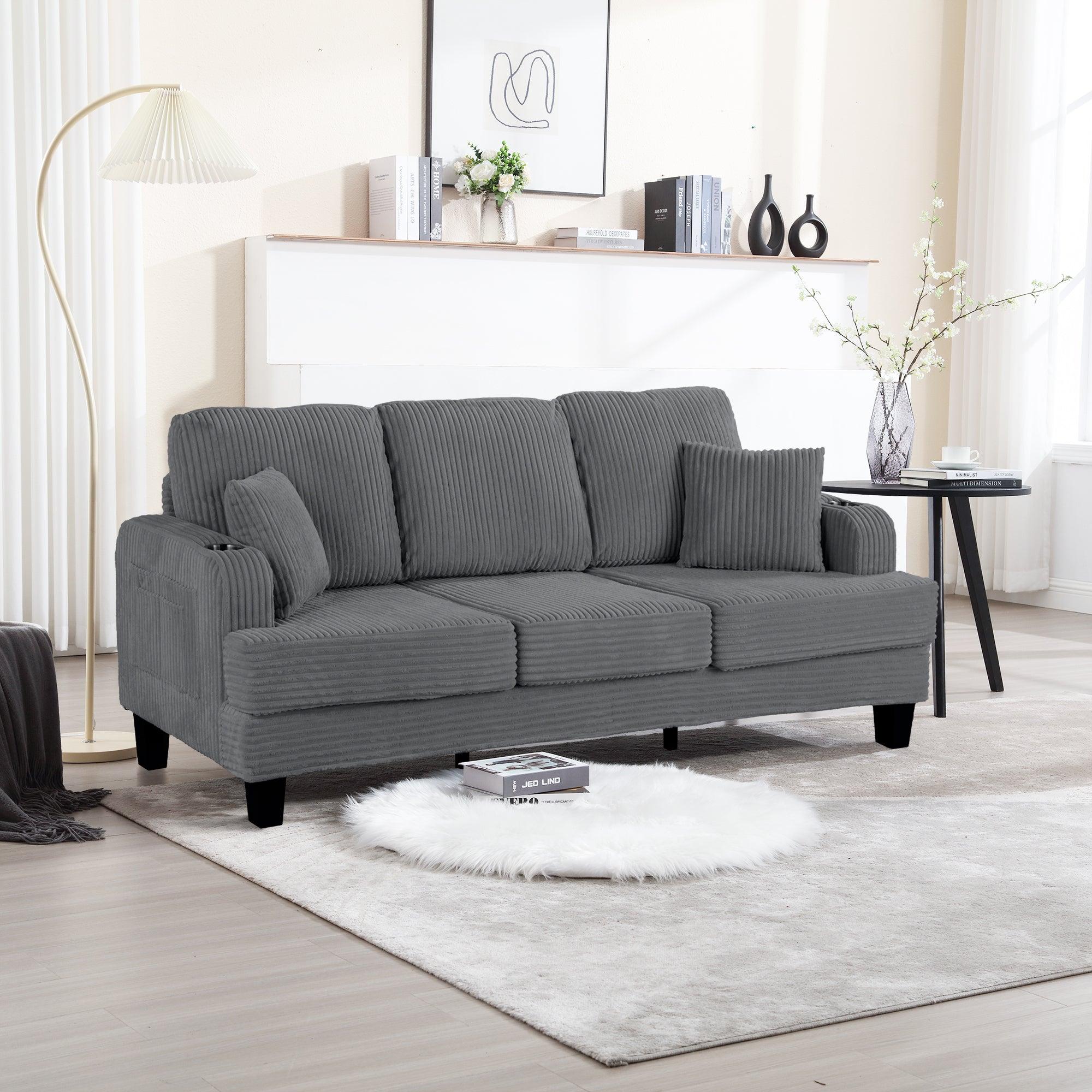 Dark Gray 3-Piece Sectional Sofa Set with Storage Ottoman - 3-Seater Couch & Loveseat with USB Charging Ports, Side Pockets & Throw Pillows - Modern Living Room Furniture for Small Spaces & Apartments - Perfect for Family Gatherings, Movie Nights & Home Office Lounging