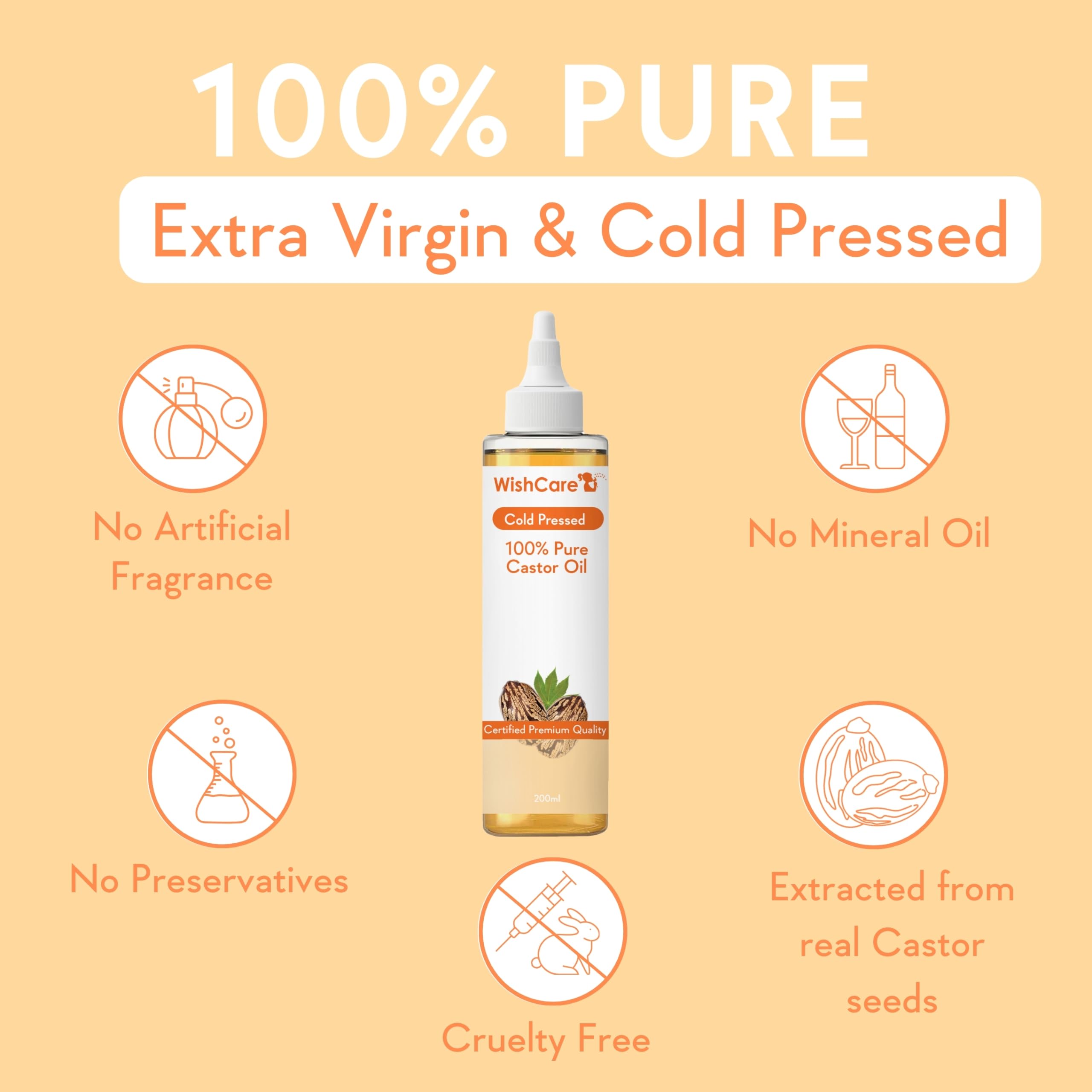 WishCare Premium Cold Pressed Castor Oil - 100% Pure Virgin Grade for Hair Growth, Eyelashes, Eyebrows & Skin Care - 200ml - Ideal for Natural Hair Treatment, Beard Growth & Moisturizing Dry Skin
