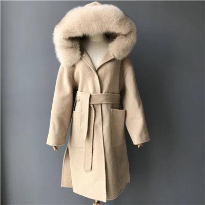 Luxury Women's Winter Coat with Real Fox Fur Hood & Cuffs - 100% Natural Fur, Cashmere Wool Blend, Oversized Loose Fit Jacket for Cold Weather - Perfect for Snowy Days, Outdoor Activities & Fashionable Winter Outfits
