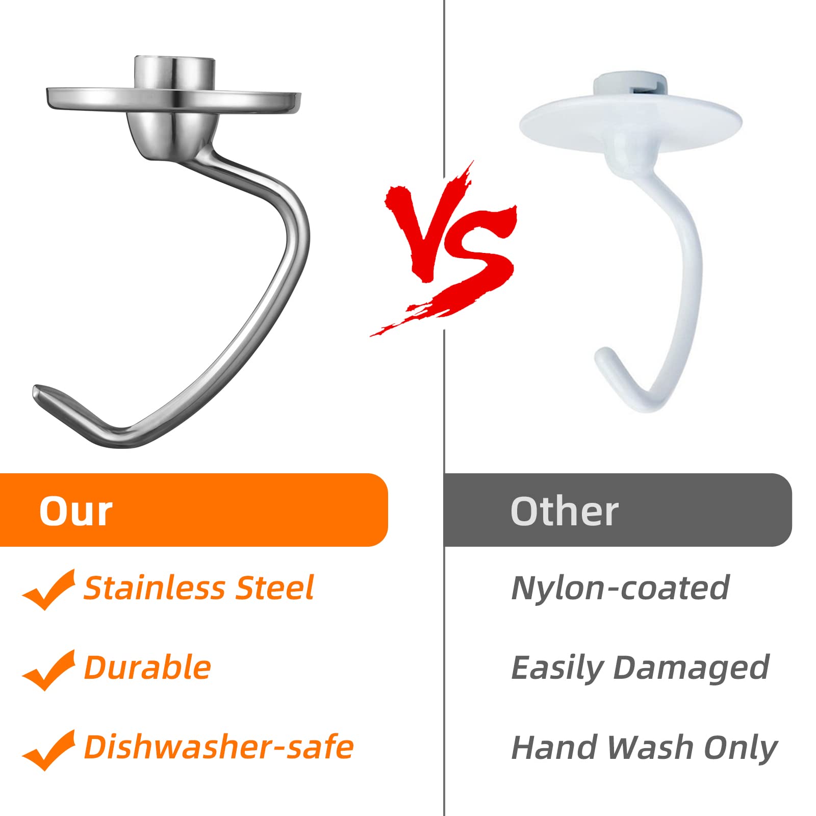 Stainless Steel Dough Hook Attachment for KitchenAid 4.5-5 Quart Tilt-Head Stand Mixer | Replacement Bread Hook for K45DH | Dishwasher Safe | Perfect for Baking Bread, Cookies & Pastries