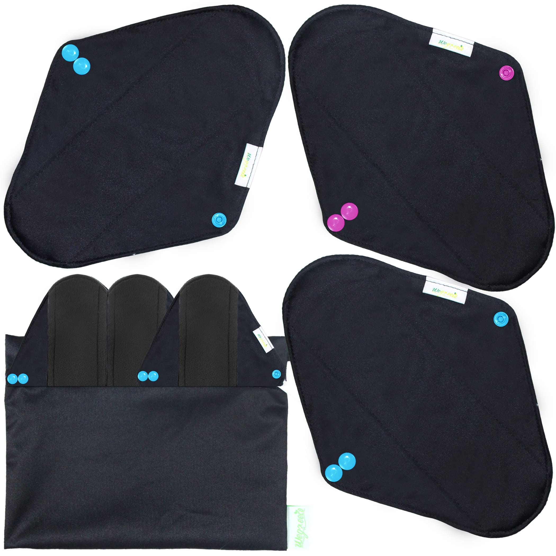 Organic Charcoal Reusable Menstrual Pads for Women - 6 Pack Soft Cloth Sanitary Pads with 1 Mini Wet Bag | Eco-Friendly Period Pads | Washable Panty Liners (Medium, Black) - Perfect for Travel, Gym & Daily Comfort