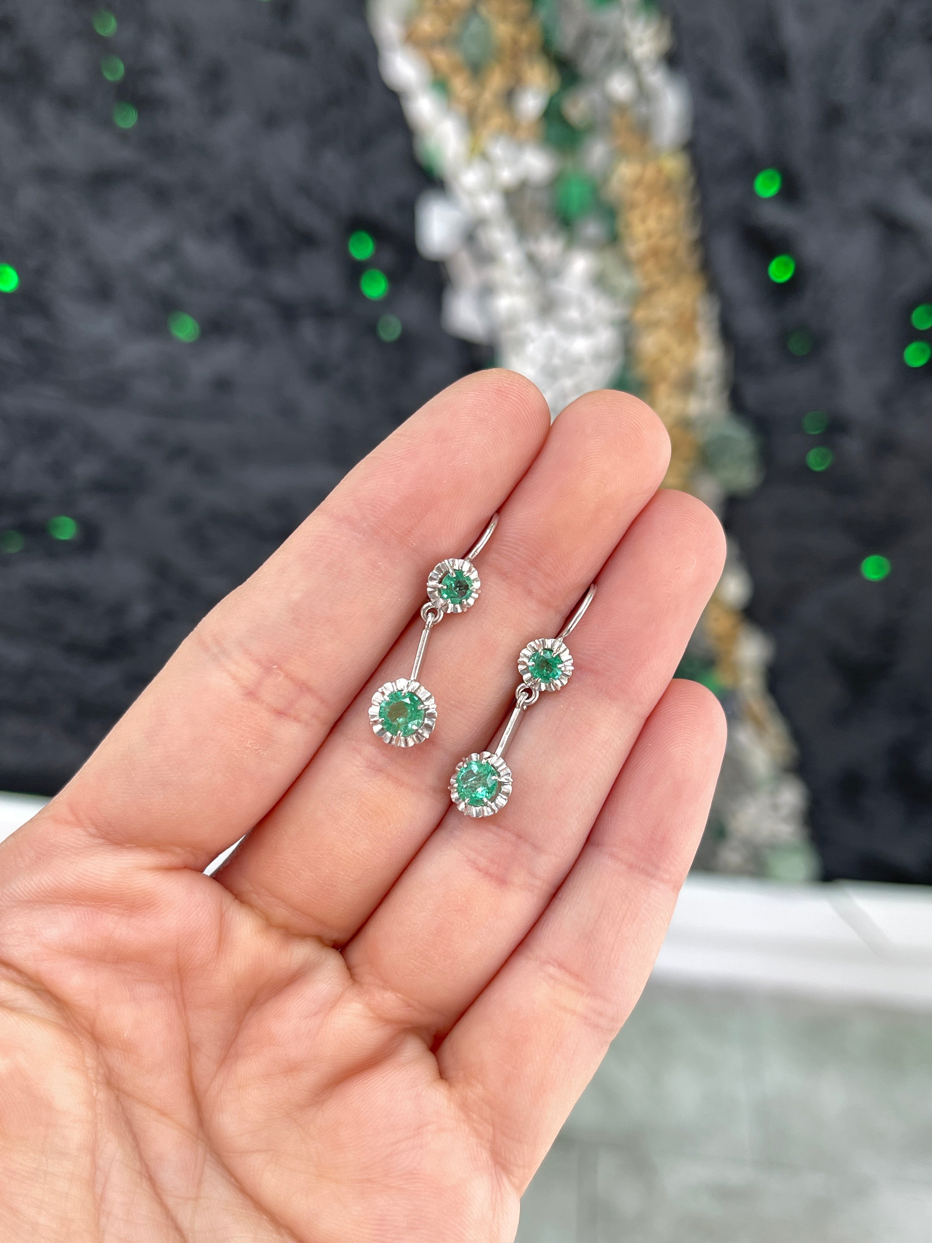 Natural Round Emerald Dangle Earrings - 14K White Gold Buttercup Setting, 31mm Leverback Drop Earrings for Women | Perfect for Weddings, Parties & Special Occasions