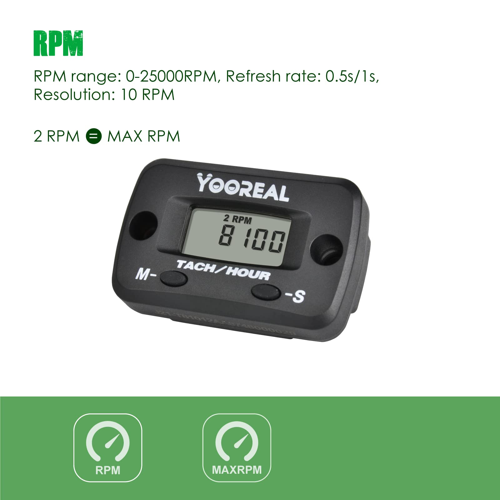 Yooreal Digital Hours Meter Tachometer with Clip - Replaceable Battery, Waterproof Engine Hour Counter for Lawn Mower, Brush Cutter, Generator, Air Compressor, Scooter, Chainsaw - Track Usage Time for Maintenance & Service Reminders
