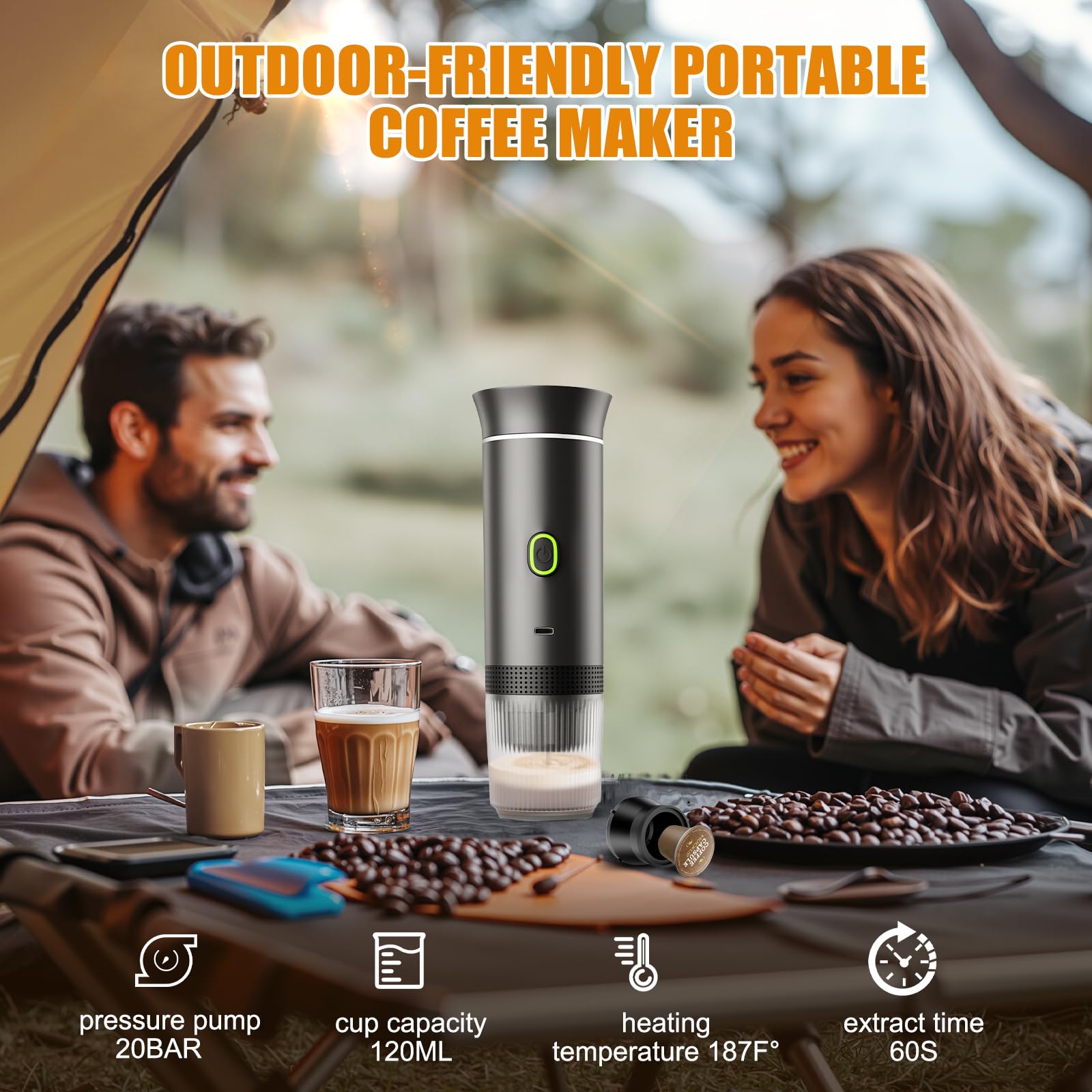 Portable Electric Espresso Maker - 20 Bar Mini Travel Coffee Machine with USB-C Charging | 3-in-1 Self-Heating Car Coffee Maker for Ground Coffee & Capsules (NS&DG Compatible) | Perfect for Office, Camping, RV & Travel Use