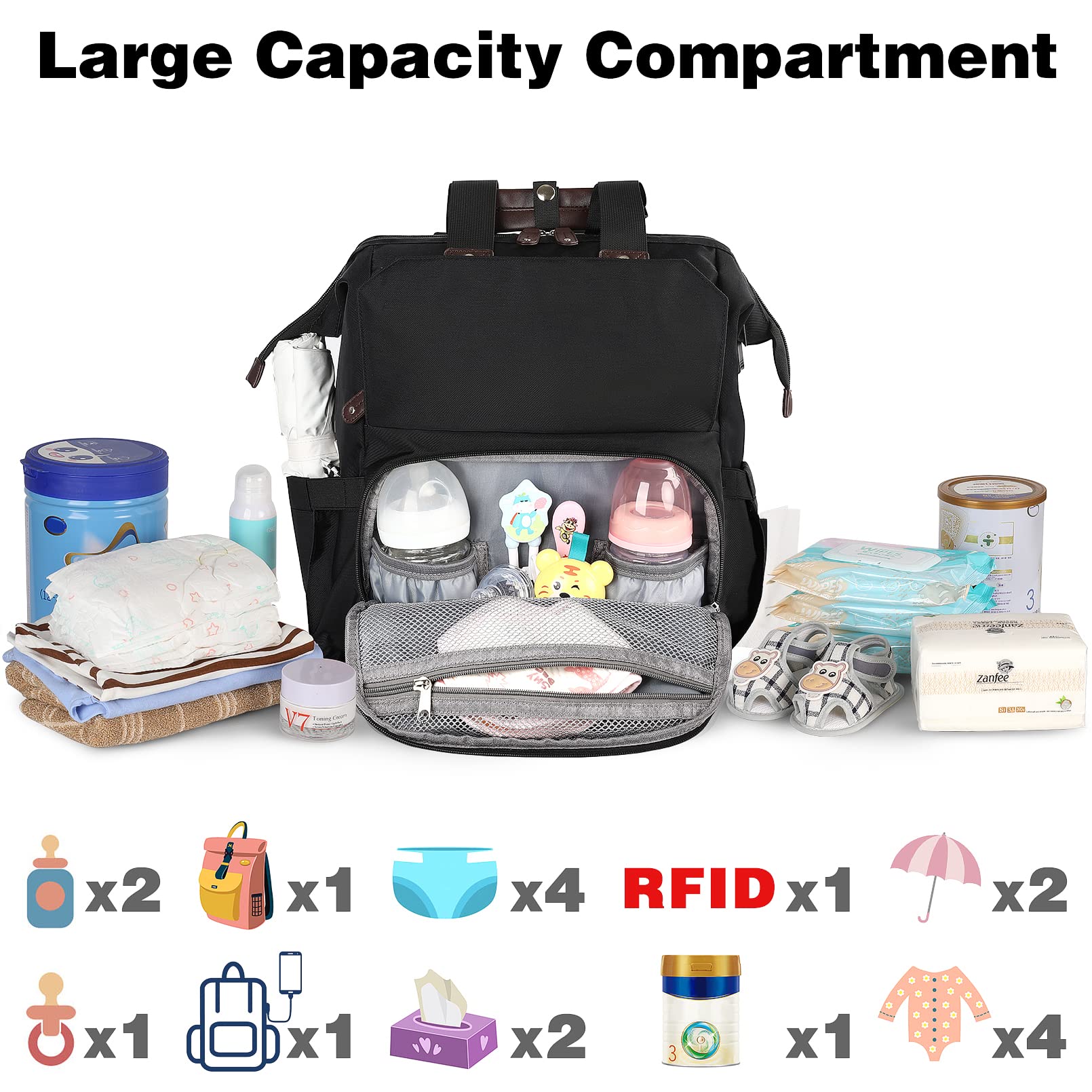 Jiefeike Diaper Bag Backpack for Baby Boys & Girls - Insulated Pockets, USB Charging Port, RFID Anti-Theft, Water-Resistant - Perfect for Parents, Stroller Straps Included - Ideal for Travel, Outings & Daily Baby Care