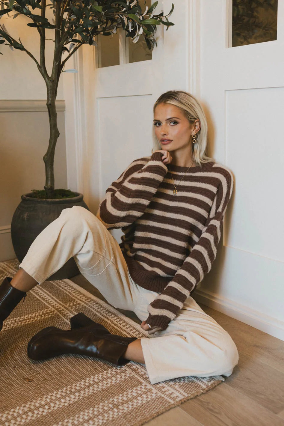 Azuline Striped Brown Sweater for Women - Cozy Knit Pullover for Fall & Winter - Perfect for Casual Outfits, Office Wear, and Weekend Getaways