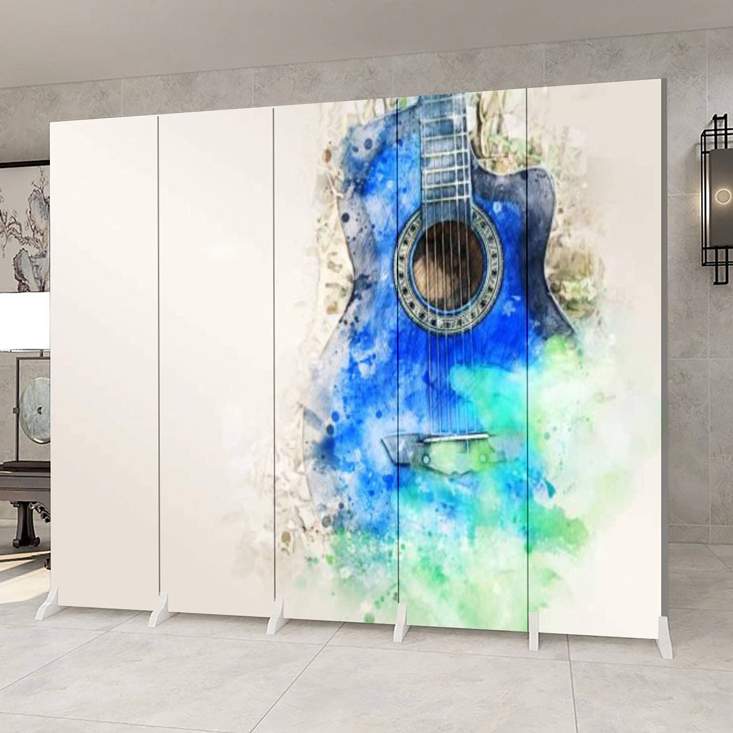 5 Panel Folding Room Divider - Abstract Colorful Acoustic Guitar Design Canvas Privacy Screen for Indoor Space Separation | Perfect for Home Office, Studio, and Bedroom Partition