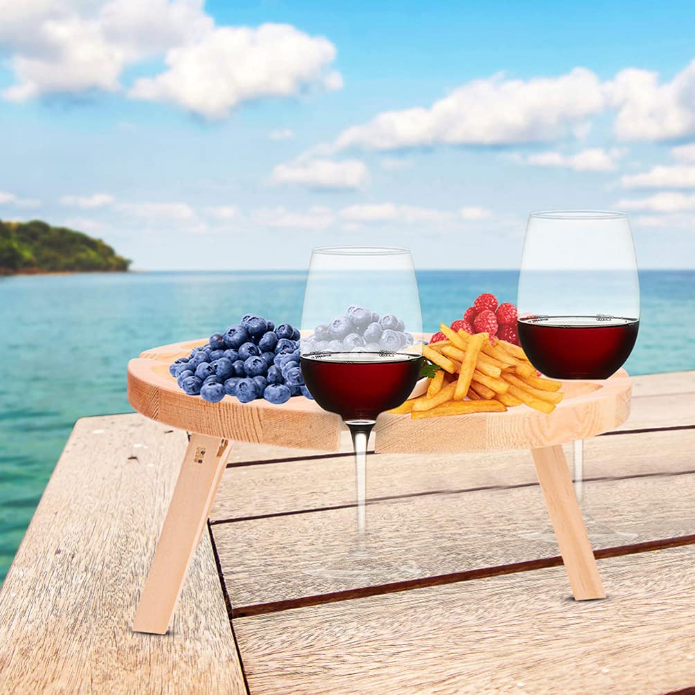DOITOOL Portable Folding Bamboo Wine Table - Compact Round Outdoor Snack Table for Beach, Picnic, Camping & Backyard Parties - Lightweight & Collapsible Design
