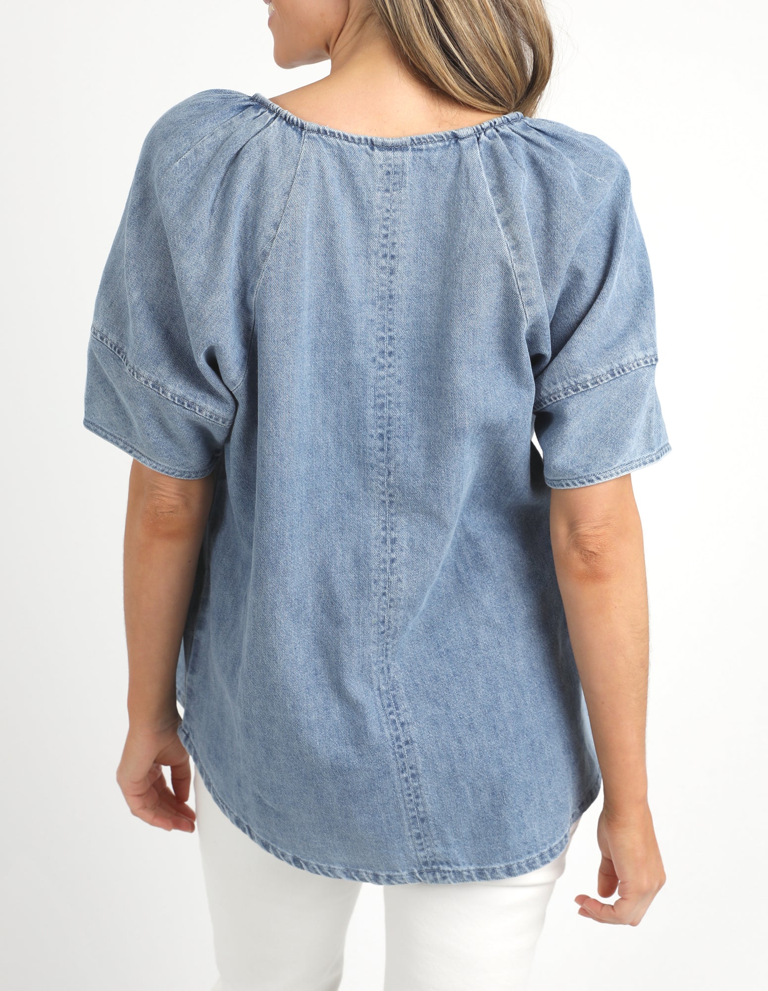 Elm Brea Top Blue Wash - Stylish Distressed Denim Shirt for Women | Perfect for Casual Outfits, Layering & Everyday Wear
