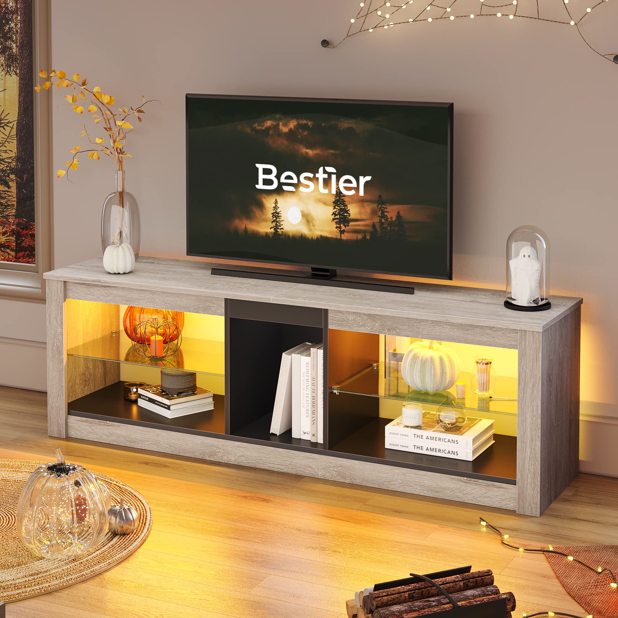 Bestier RGB LED TV Stand for 65+ Inch TVs - Gaming Entertainment Center with 2 Tempered Glass Shelves - Modern Media Console Table for PS5, Xbox & Living Room - Retro Gray TV Cabinet for Home Theater & Gaming Setup