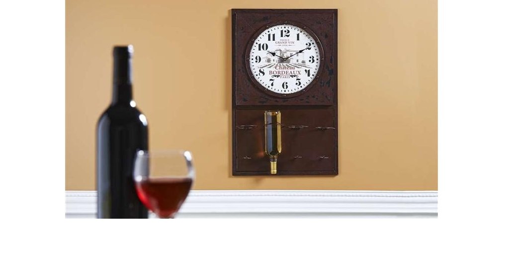 Giftcraft Decorative Wall Clock with Built-in Wine Bottle Holders - Perfect for Kitchen, Bar, or Dining Room Décor