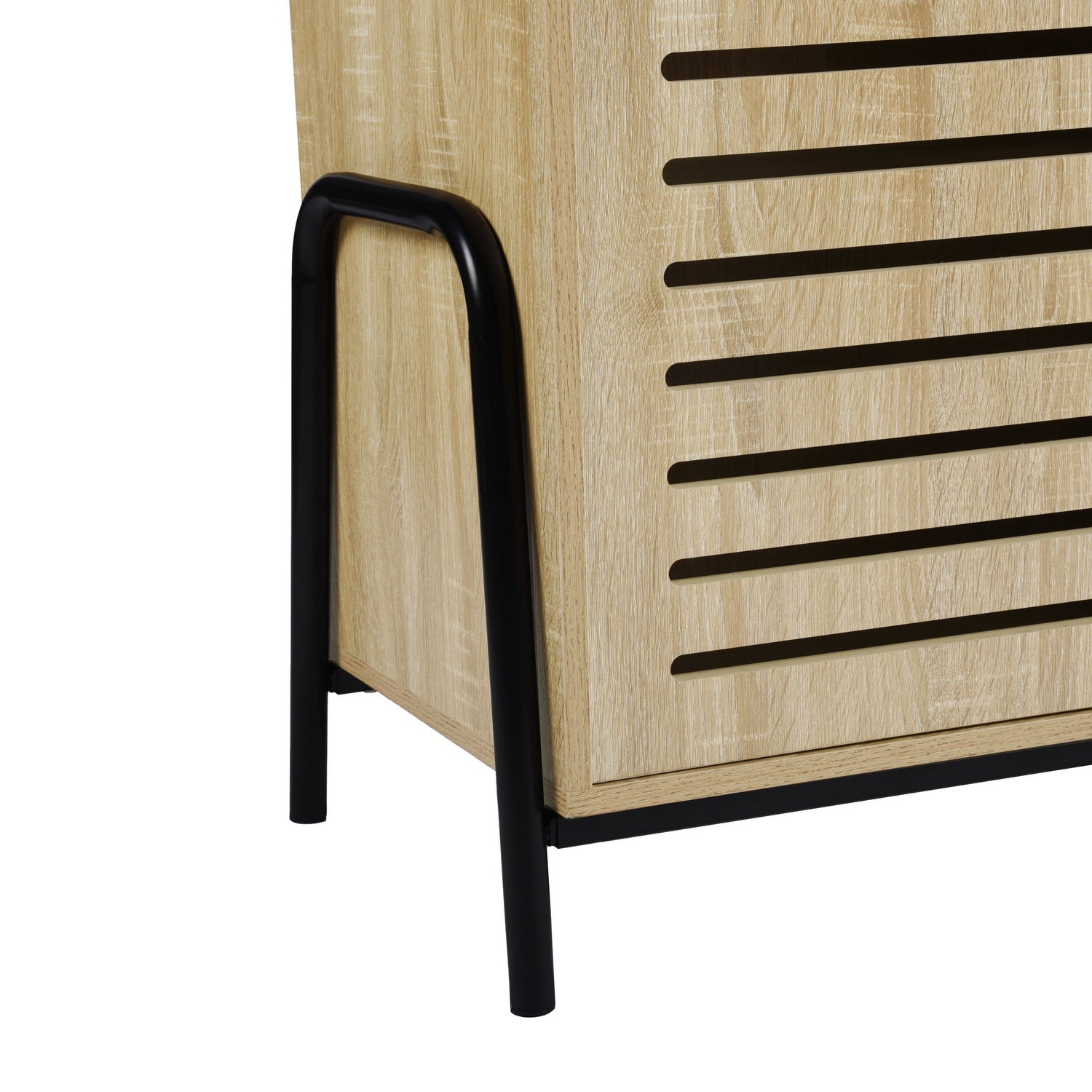 Beige Metal and Wood Sideboard with Oak Veneer - 5 Shelves Storage Cabinet for Living Room, Dining Room, or Entryway - Model Auro