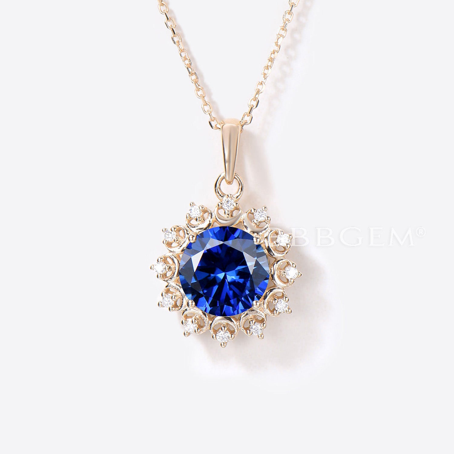 Moon Bridal Necklace 2CT Round Blue Sapphire Diamond Pendant - Elegant Wedding Jewelry for Brides, Engagement Gifts & Anniversary Celebrations