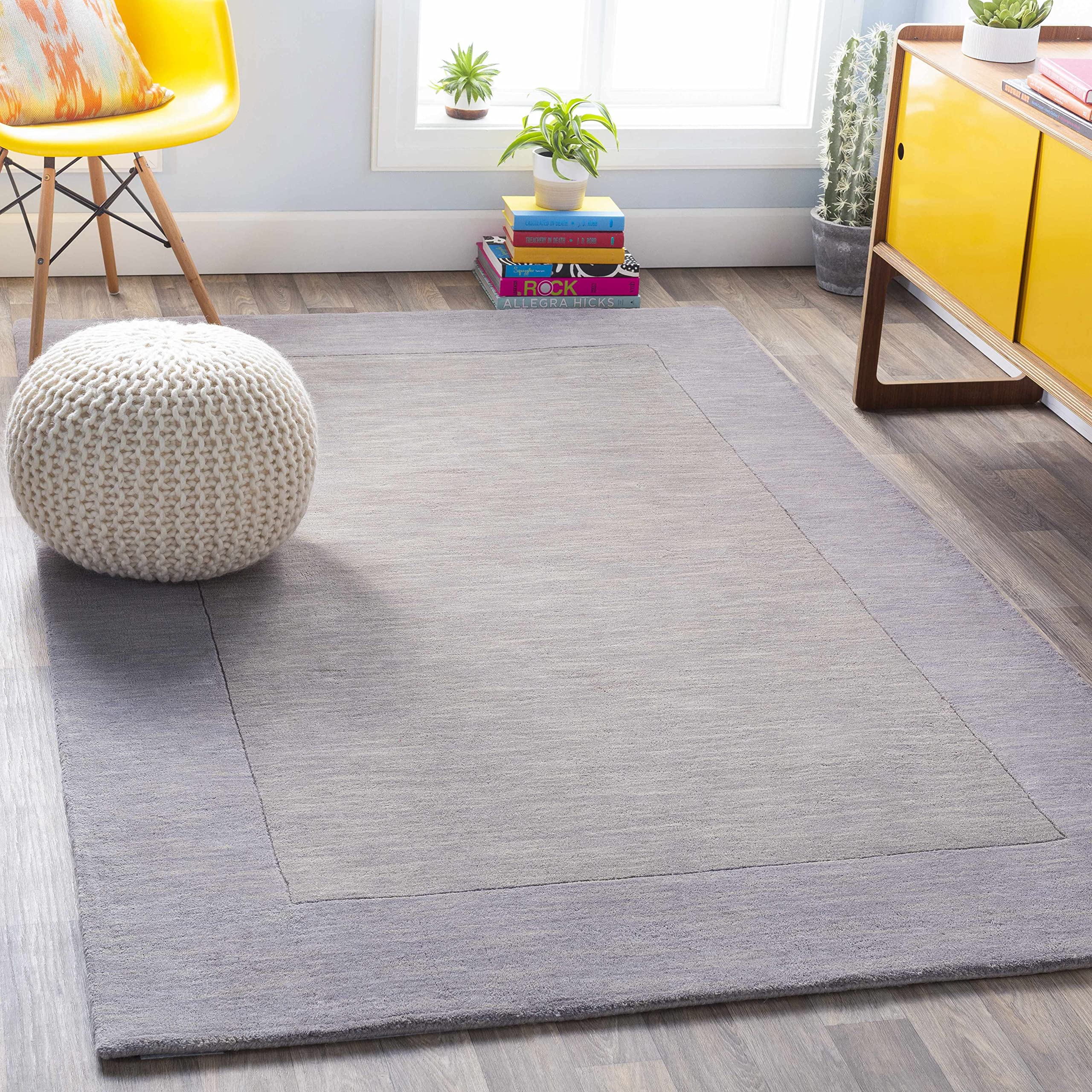 Champion Wool Area Rug 9' x 13' - Soft Gray Solid & Border Design for Living Room & Bedroom - Perfect for Cozy Home Decor & High Traffic Areas