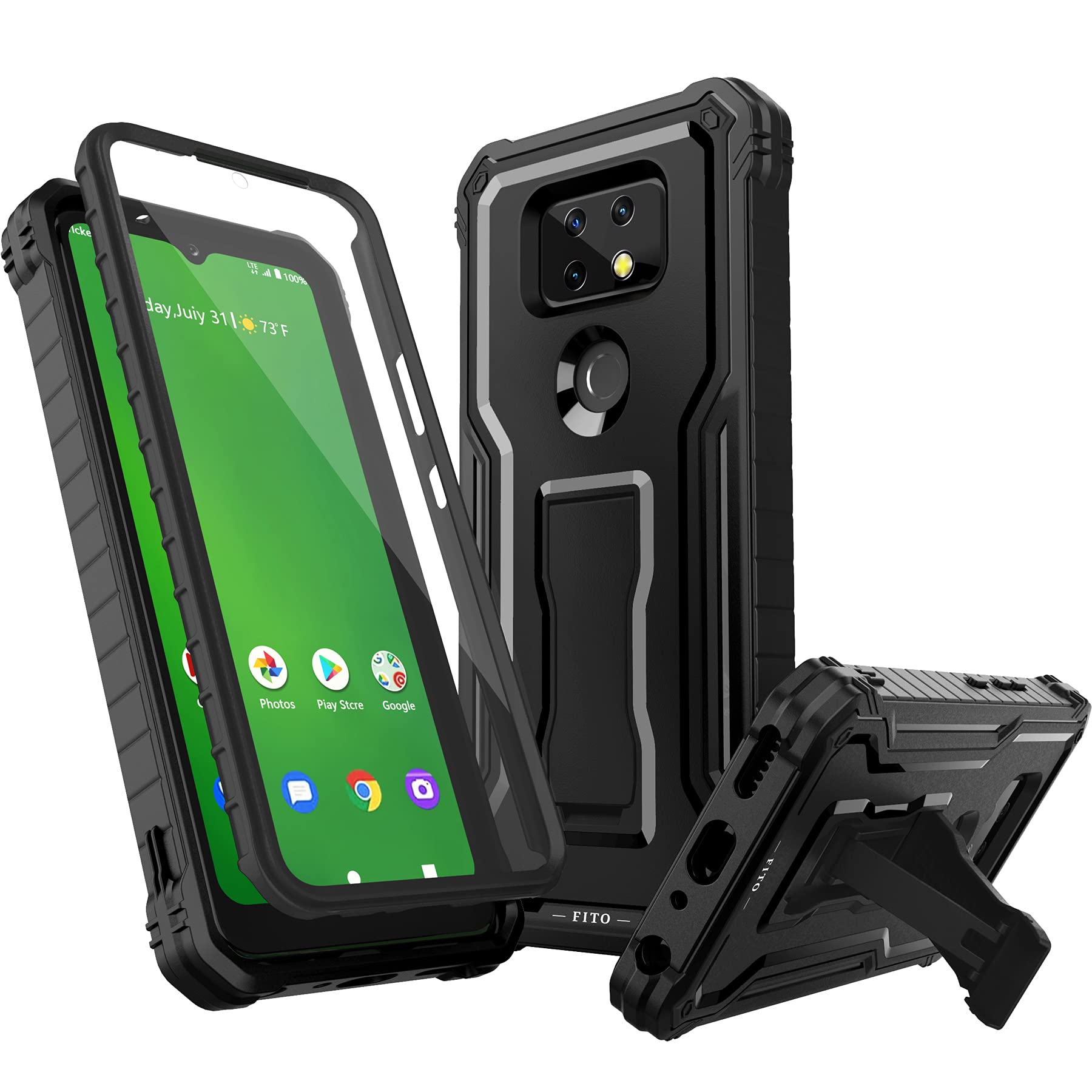 FITO AT&T Maestro Max & Cricket Ovation 2 Shockproof Phone Case - Heavy Duty Dual Layer Protection with Built-in Kickstand & Screen Protector (Black) - Perfect for Outdoor Activities, Work & Travel