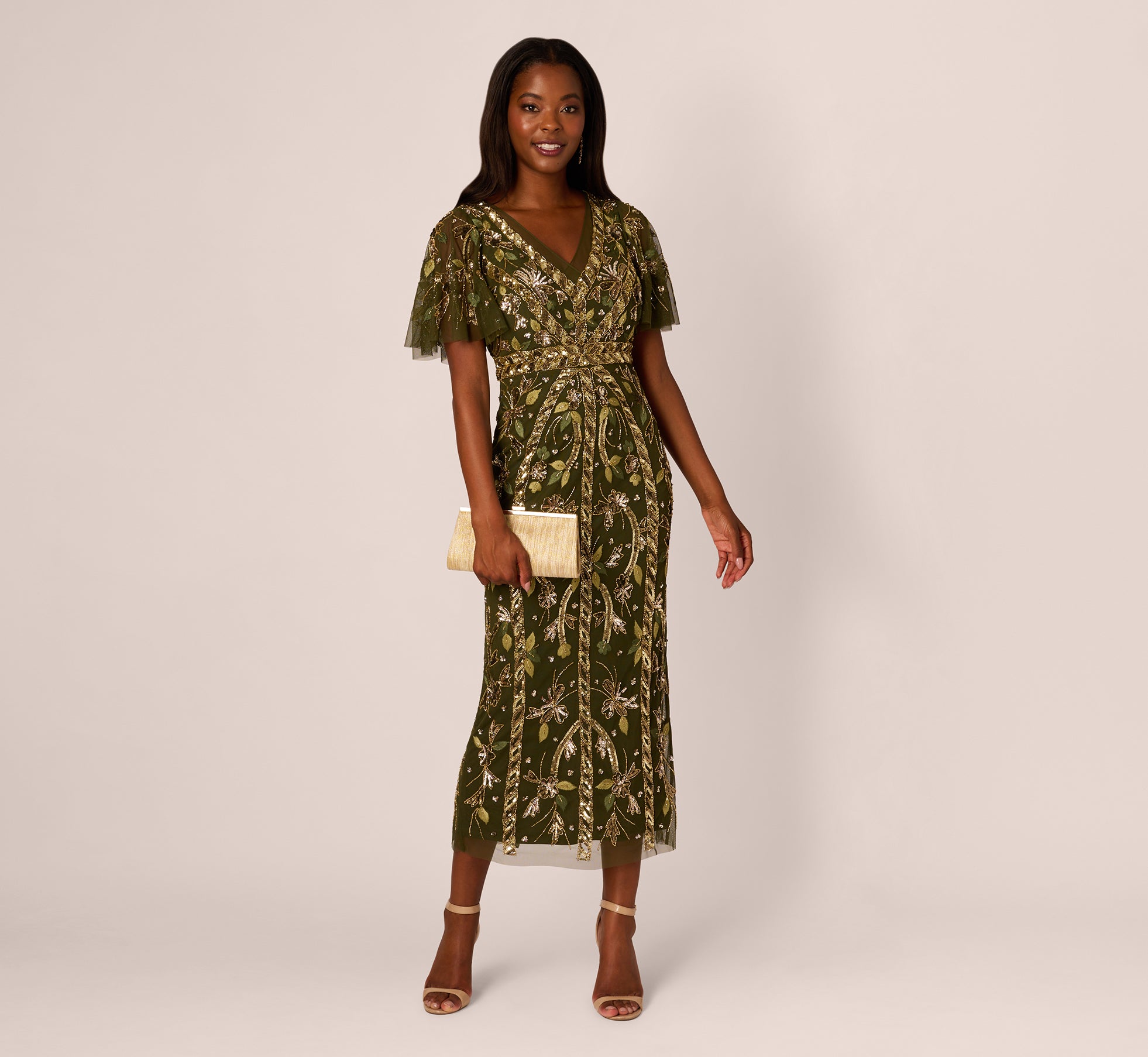 Sequin Beaded Ankle Length Dress With Flutter Sleeves in Olive Green - Perfect for Evening Parties, Cocktail Events & Special Occasions