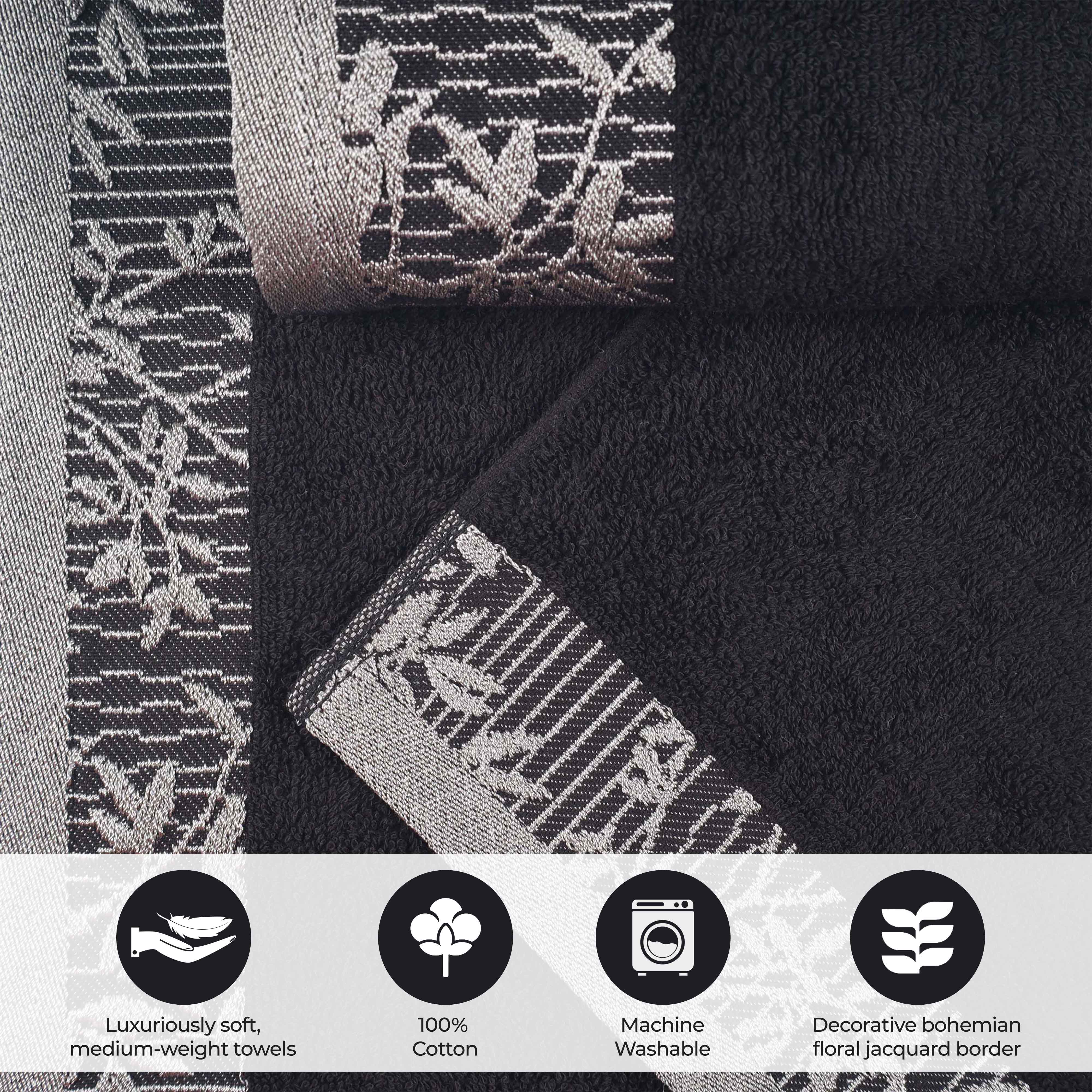 Premium Wisteria Cotton Floral Embroidered Jacquard Border Bath Towel Set of 2 - Soft Absorbent Luxury Towels for Spa, Bathroom & Guest Use