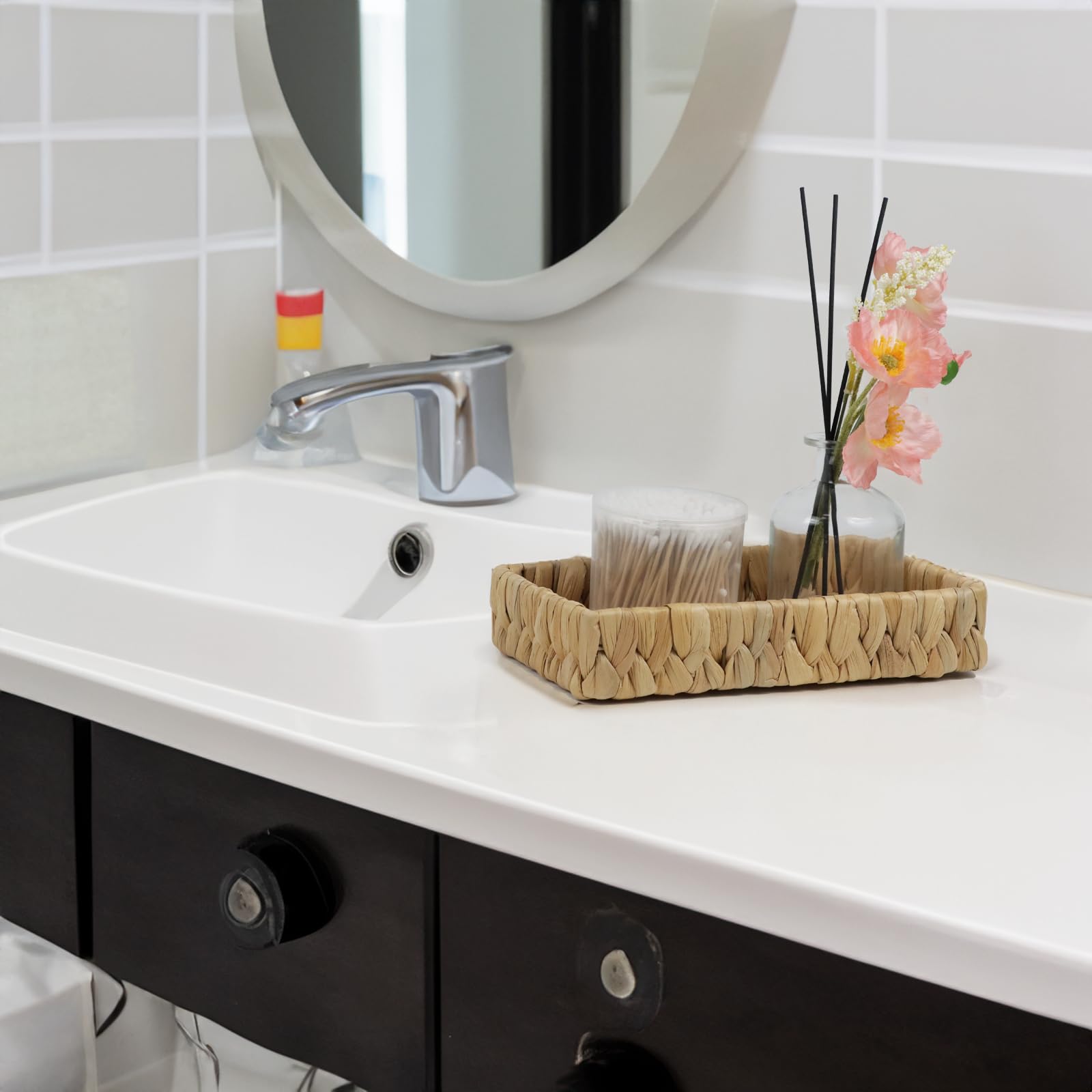 10 Inch Water Hyacinth Bathroom Tray - Rattan Wicker Vanity Organizer for Toilet Tank & Countertop | Small Decorative Basket for Bathroom Decor, Coffee Table & Home Organization