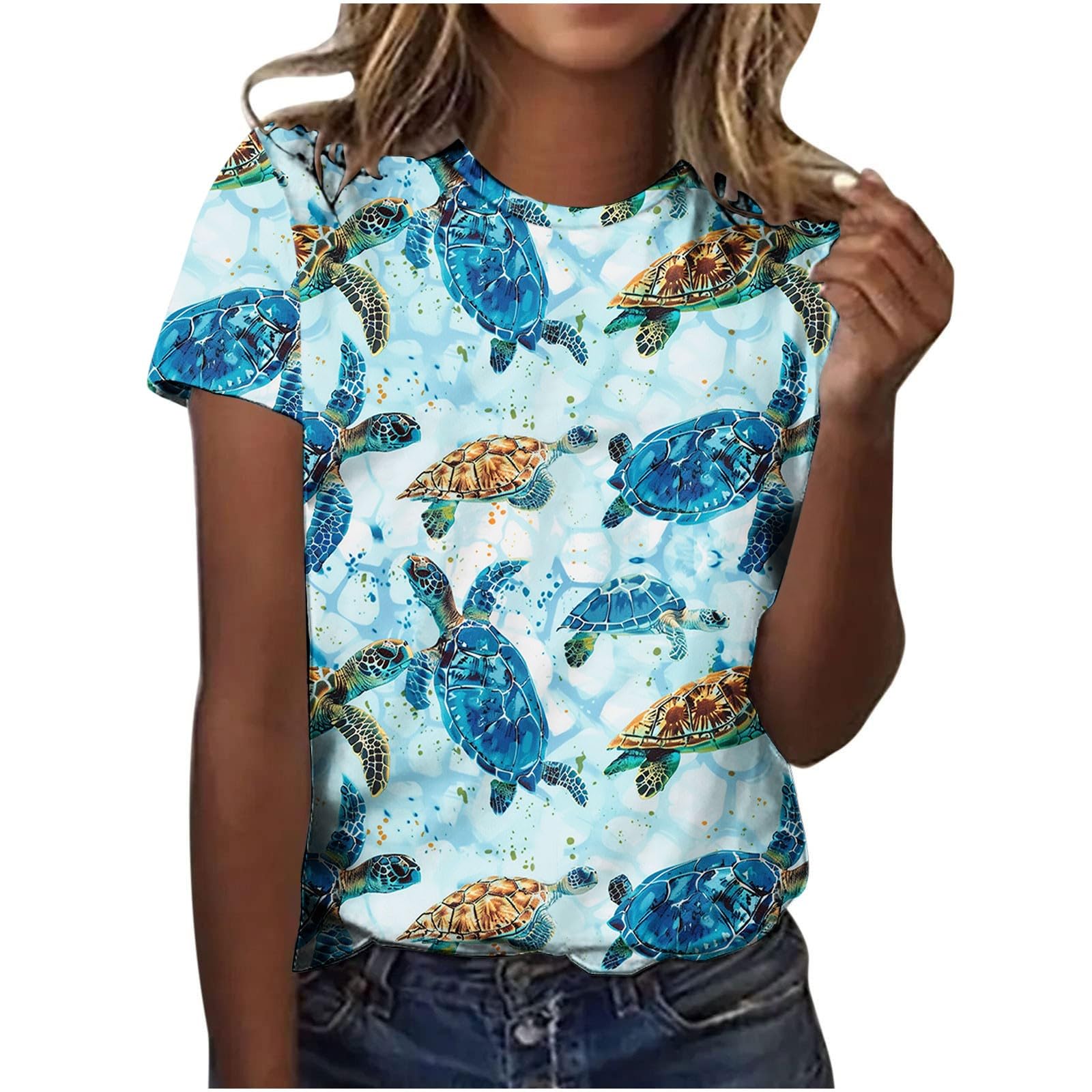 Women's Sea Turtle Graphic T-Shirt - Funny Animal Print Short Sleeve Summer Top - Loose Fit Casual Tee for Beach Vacation, Eco-Friendly Outing & Everyday Wear
