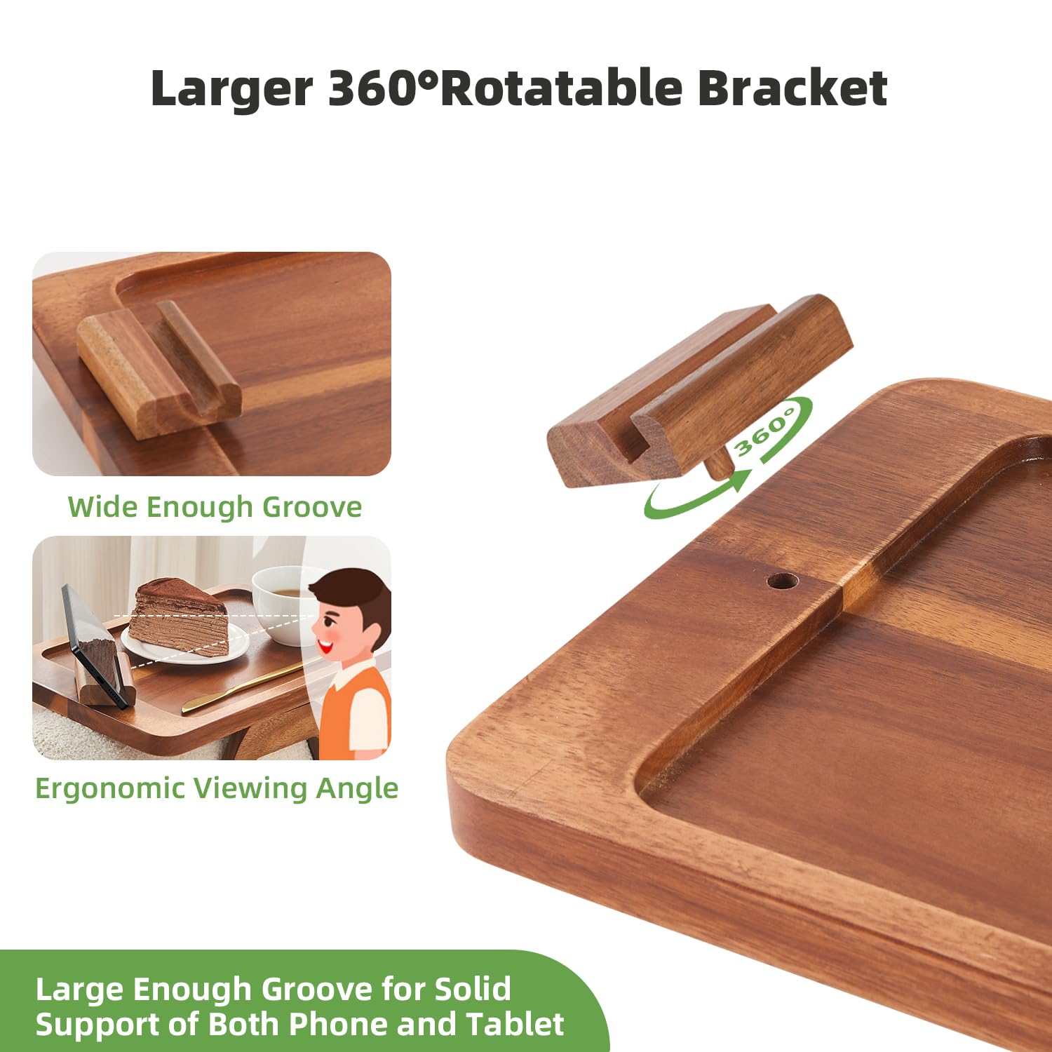 Foldable Acacia Wood Couch Arm Table with Phone Holder - Portable Tray for Eating & Drinks on Wide Couches