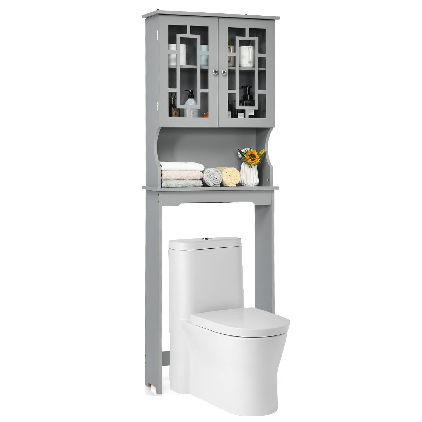 Giantex Over-The-Toilet Storage Organizer with Cabinet & Shelf - Space Saving Bathroom Storage Rack for Towels, Toiletries & Cleaning Supplies - Above Toilet Standing Shelf (Gray) - Perfect for Small Bathrooms & Apartment Living