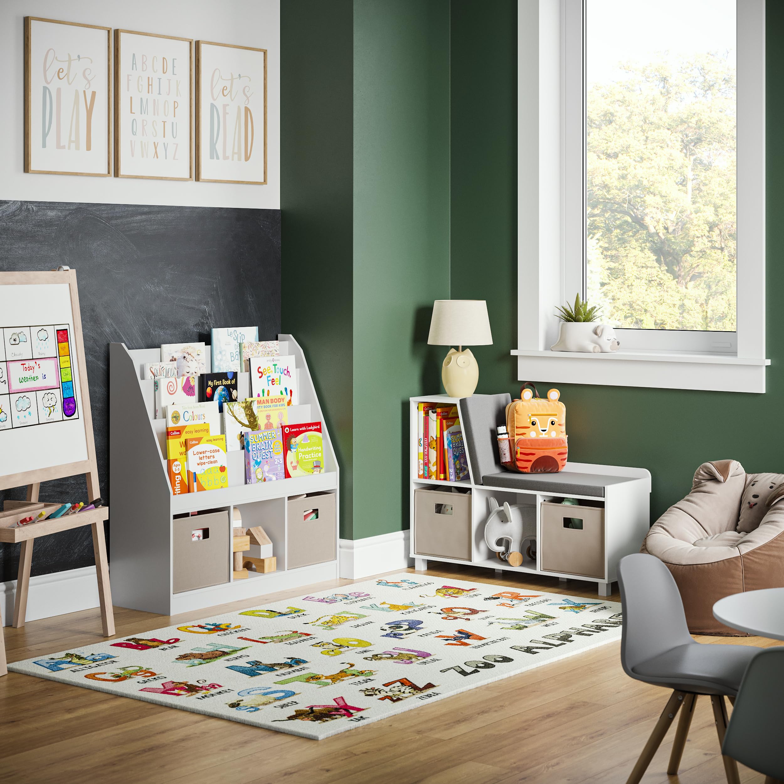RiverRidge Kids Book Nook Storage Bench with Comfy Cushioned Seat & White Cubby Organizer - Includes Taupe Bins for Toy Storage, Perfect for Reading Corners, Playrooms & Bedroom Organization