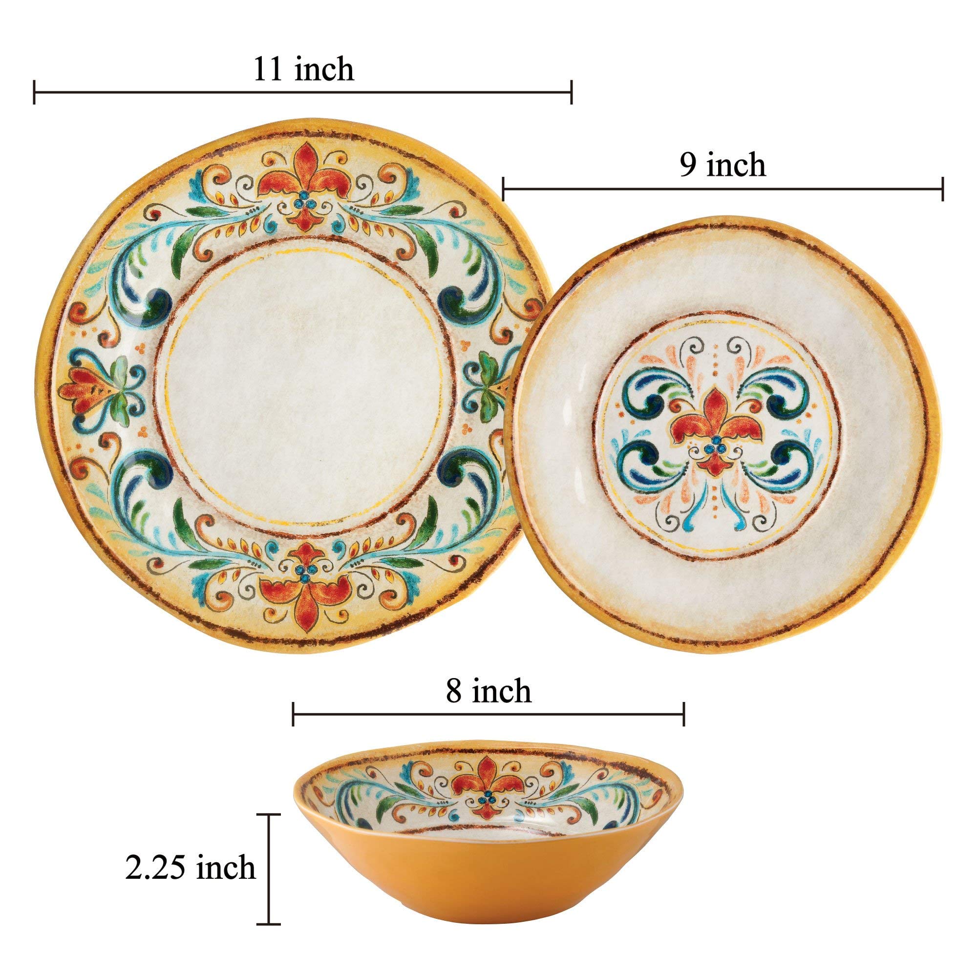 UPware 12-Piece Melamine Dinnerware Set - 4 Dinner Plates, 4 Salad Plates, 4 Bowls, Shatterproof & Lightweight, Service for 4 (Tuscany Design) - Perfect for Outdoor Dining, Picnics, Camping & Everyday Use
