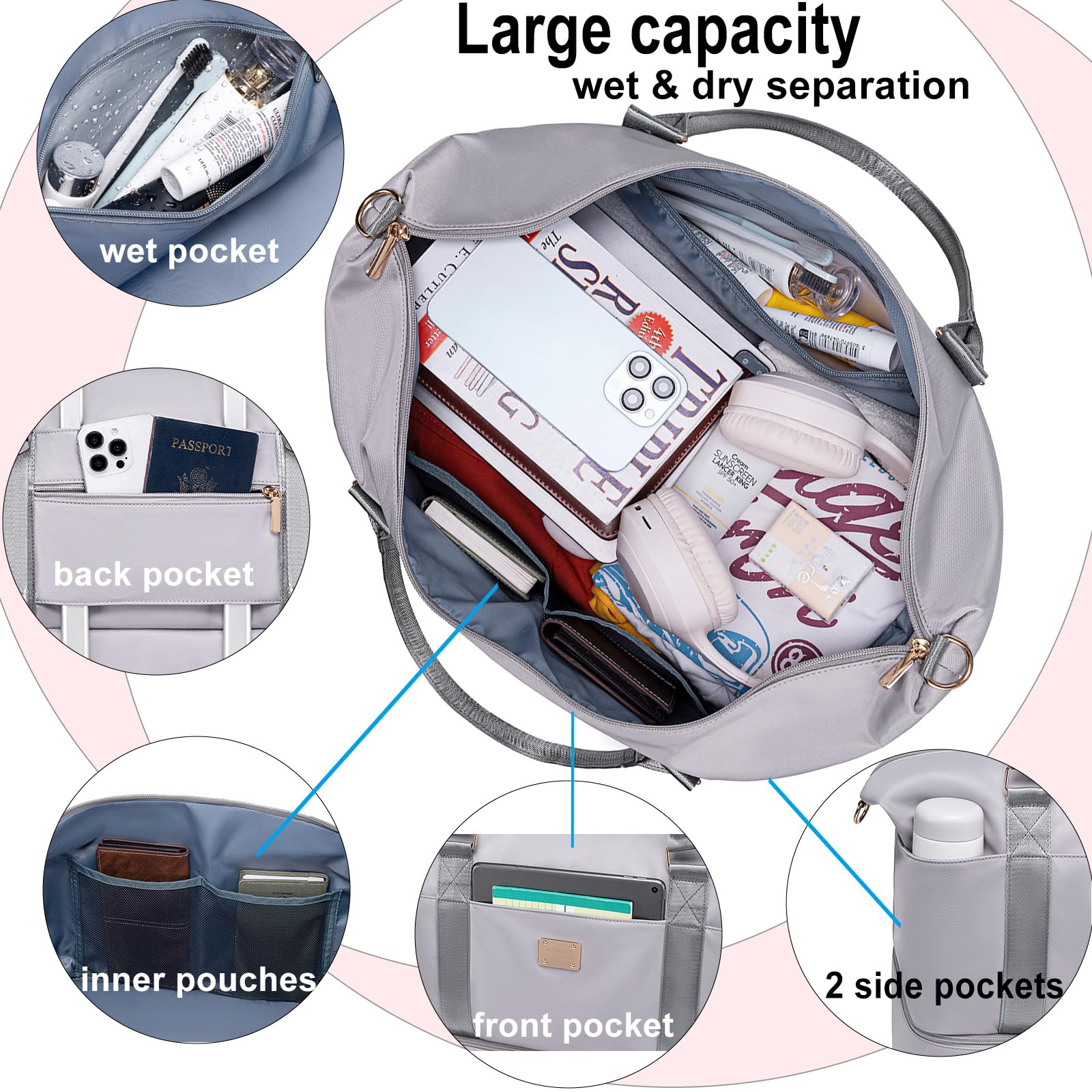 Weiatas Travel Duffel Bag for Women - Lightweight Weekender Overnight Gym Bag with Shoe Compartment & Wet Pocket, Carry On Luggage with Yoga Mat Strap (Grey) - Perfect for Gym, Yoga, Weekend Trips & Air Travel