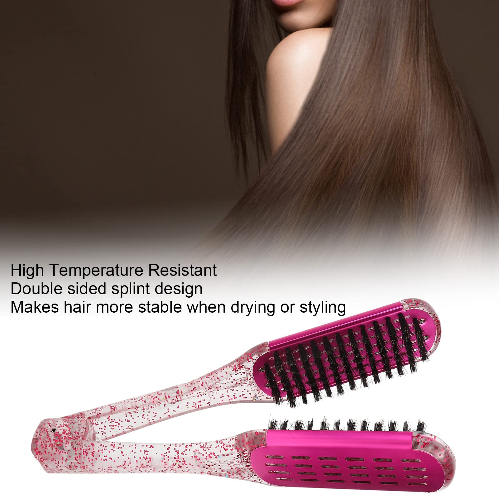 Professional Hair Straightening Comb for Women - Dual-Sided Soft Bristle Flat Iron Brush with Hollow Design, Heat Resistant Styling Tool (Rose Red) - Perfect for Home Salon & DIY Hair Styling