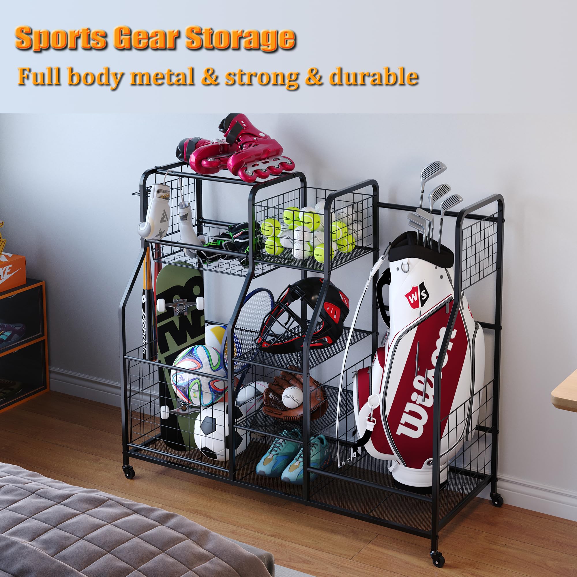 Garage Sports Equipment Organizer with Baskets & Hooks - 2 Golf Bag Holder, Outdoor Toy Storage & Ball Organizer for Garage - Perfect for Golf Clubs, Bikes, and Kids' Sports Gear Storage