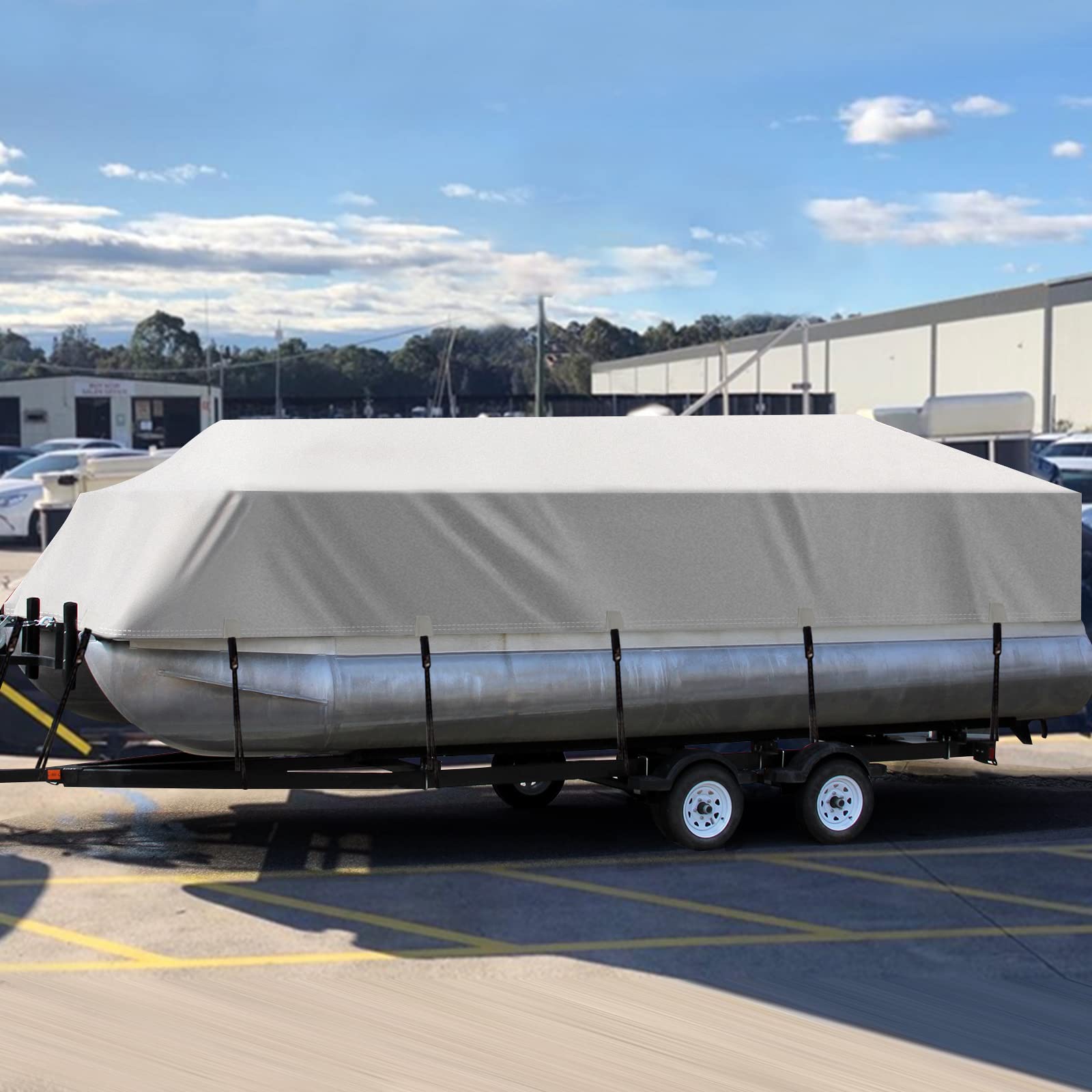Solim 22-24ft Heavy Duty Pontoon Boat Cover - 1200D PU Waterproof Marine Grade Oxford Fabric with UV Protection - Adjustable 18 Tie Down Straps - Gray - Perfect for Outdoor Boat Storage & Winter Protection