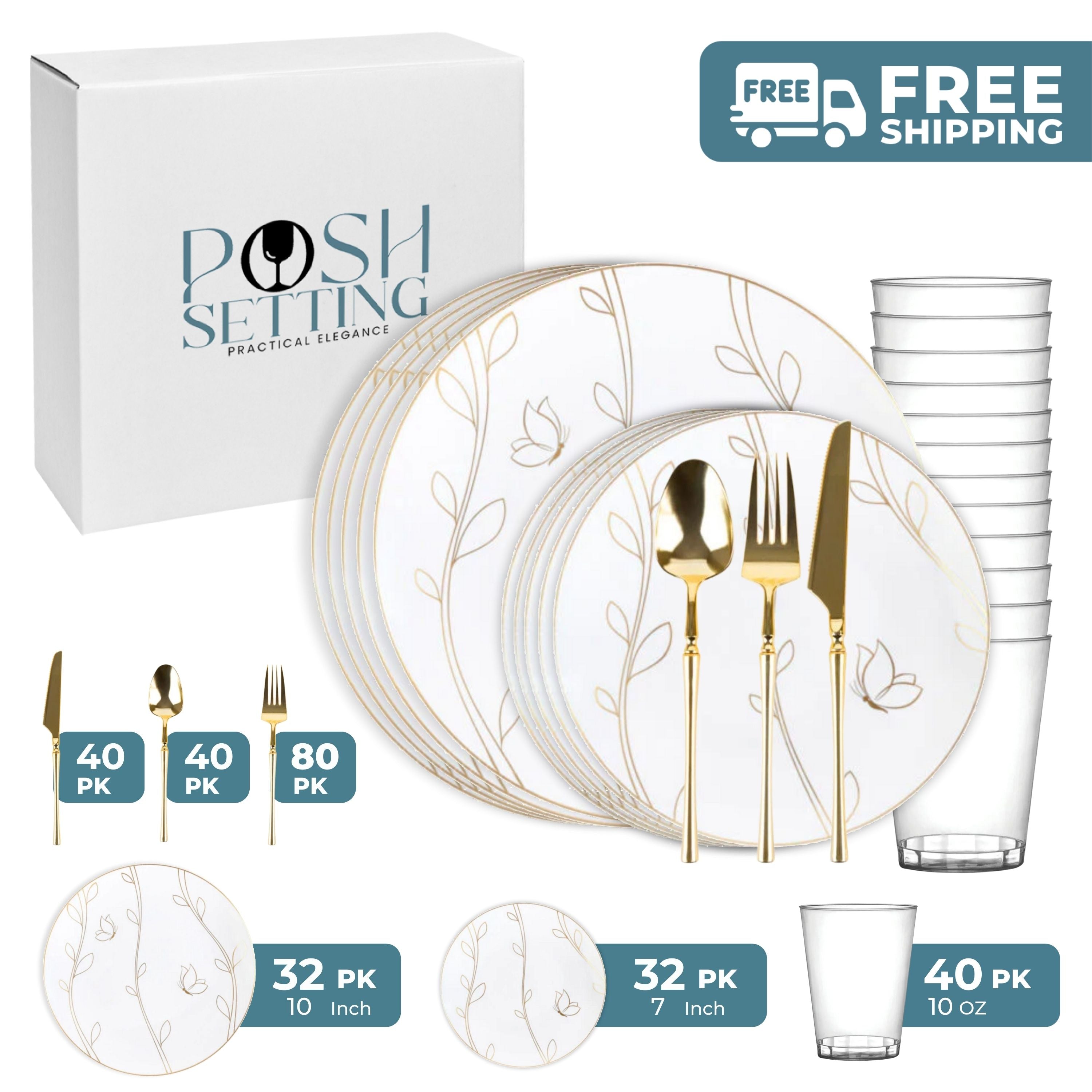 White and Gold Plastic Party Bundle - Elegant Disposable Tableware Set for Weddings, Birthdays & Events - Plates, Cups, Forks & Napkins (50-Pack) - Perfect for Celebrations, Baby Showers & Dinner Parties