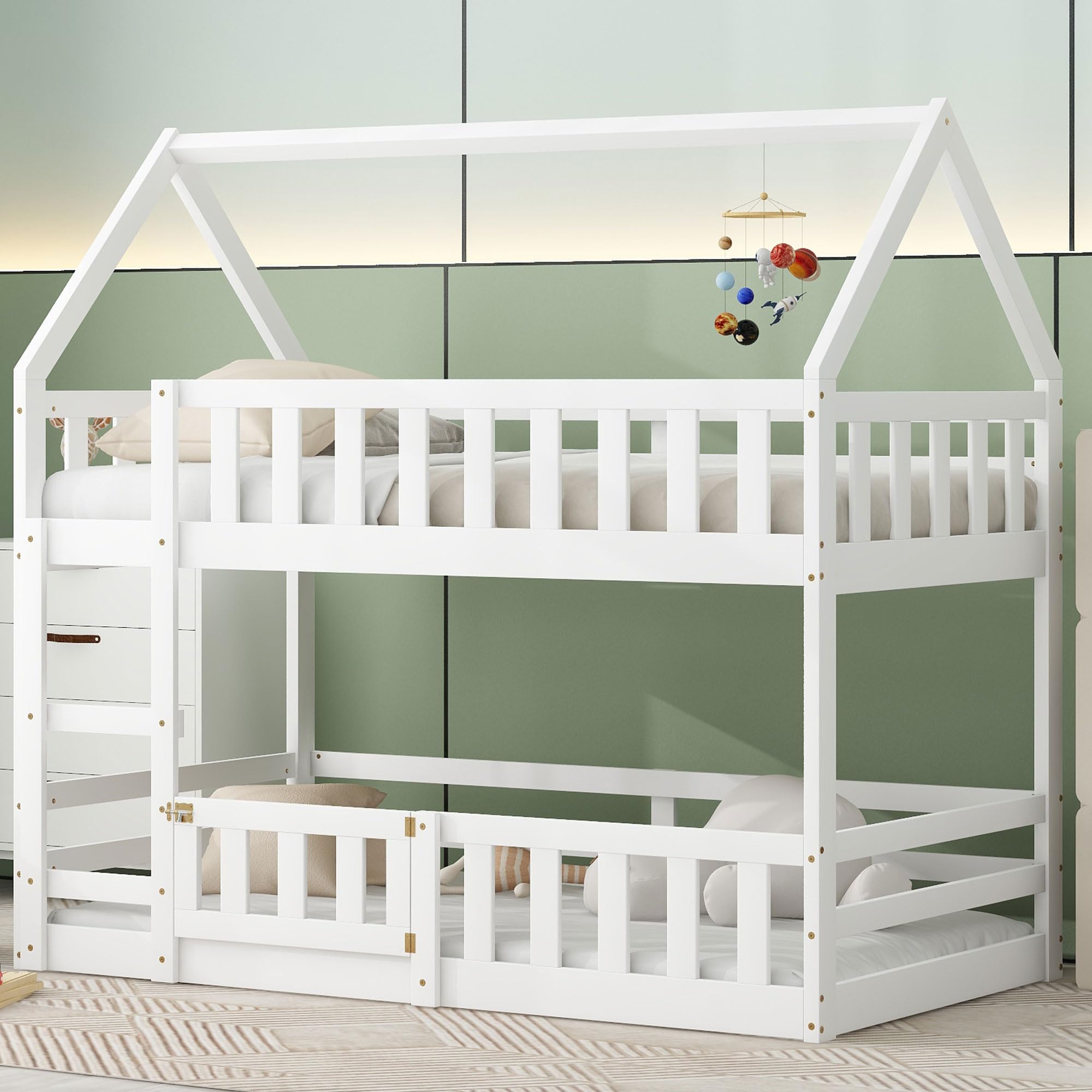SOFTSEA Twin Over Twin Kids Bunk Bed - Low Profile House Design with Safety Fence, Guardrails & Ladder - Solid Wood Frame, No Box Spring Required - Perfect for Small Bedrooms, Shared Kids Rooms & Sleepovers (White)