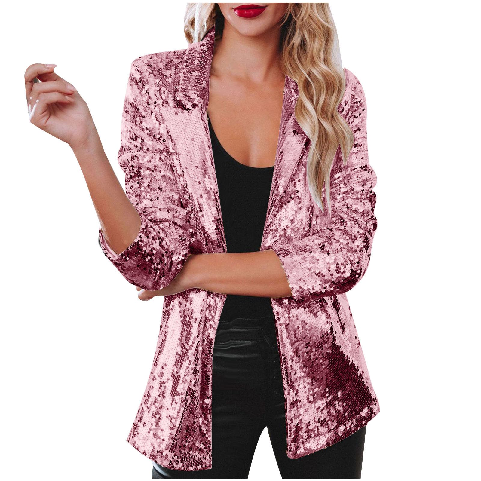 Women's Sequin Blazer Jacket - Sparkle Glitter Coat with Long Sleeves & Lapel Open Front | Party, Cocktail & Evening Outfits | Hot Pink | Clearance Sale | Perfect for Night Out, Club, Wedding & Special Occasions