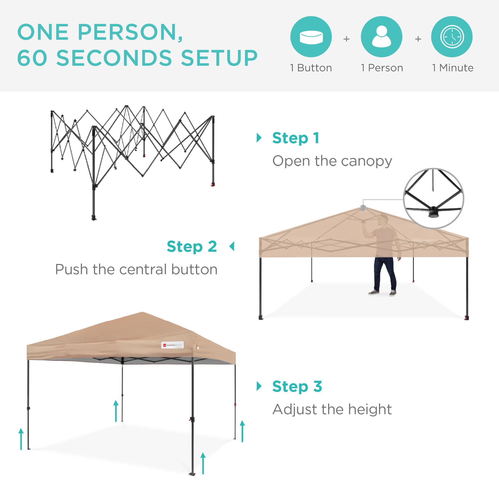 Best Choice Products 12x12ft 1-Person Instant Pop Up Canopy Tent - Portable Shelter with Easy 1-Button Setup, Carrying Case & 4 Weight Bags (Tan) - Perfect for Outdoor Events, Camping, Beach Trips and Backyard Gatherings