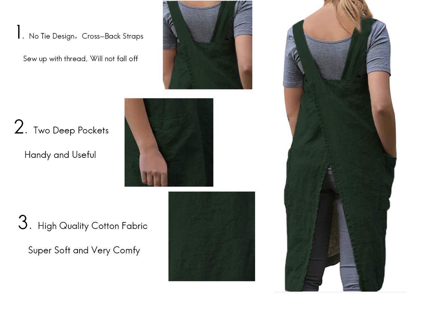Women's Cross Back Pinafore Apron - Cotton Linen Blend for Baking, Cooking & Gardening - Dark Green XL with 2 Pockets - Perfect for Home Chefs, Bakers and DIY Enthusiasts