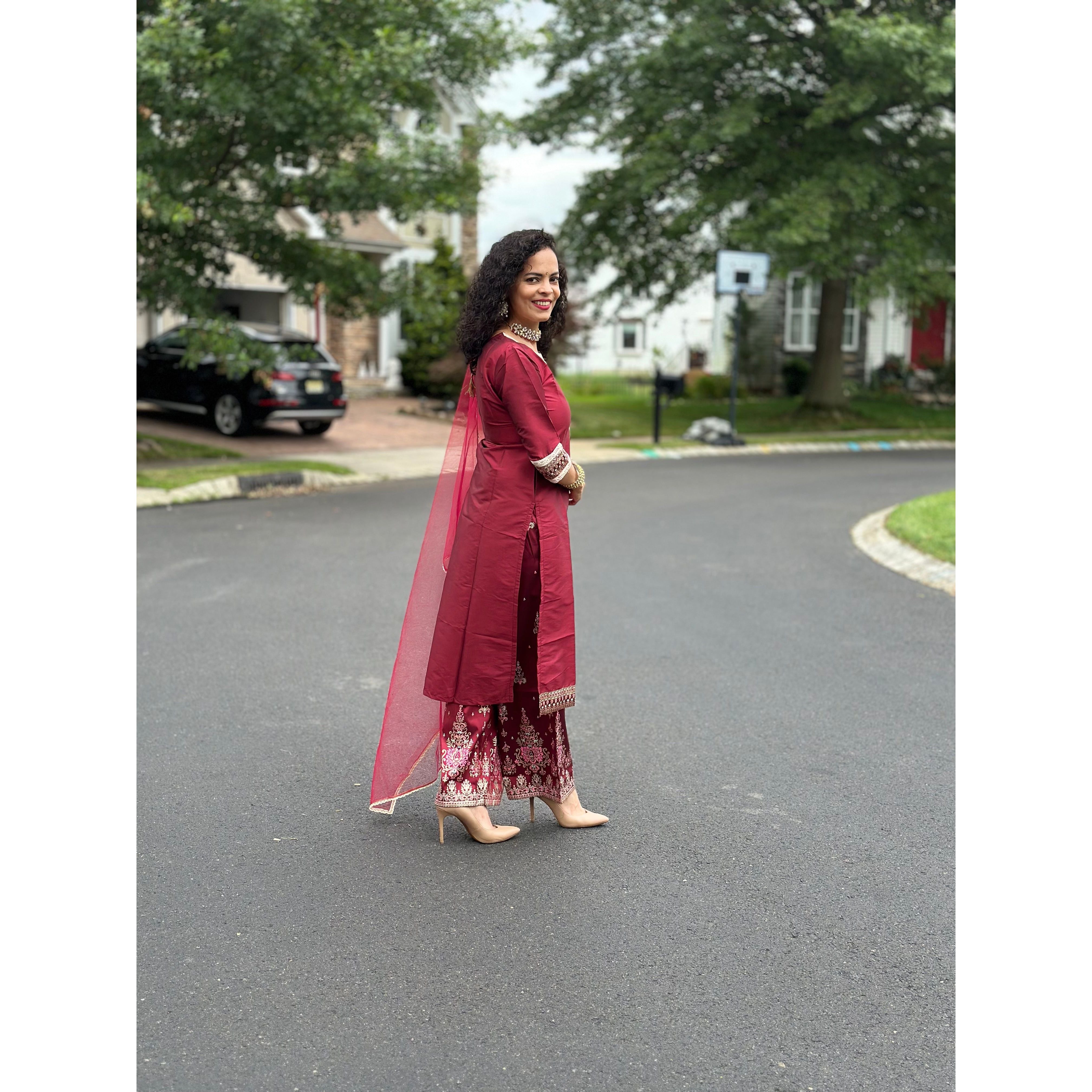Elegant Maroon Kurta with Mirror Work & Printed Trousers Set - Indian Party Wear for Women | Perfect for Festivals, Weddings & Special Occasions