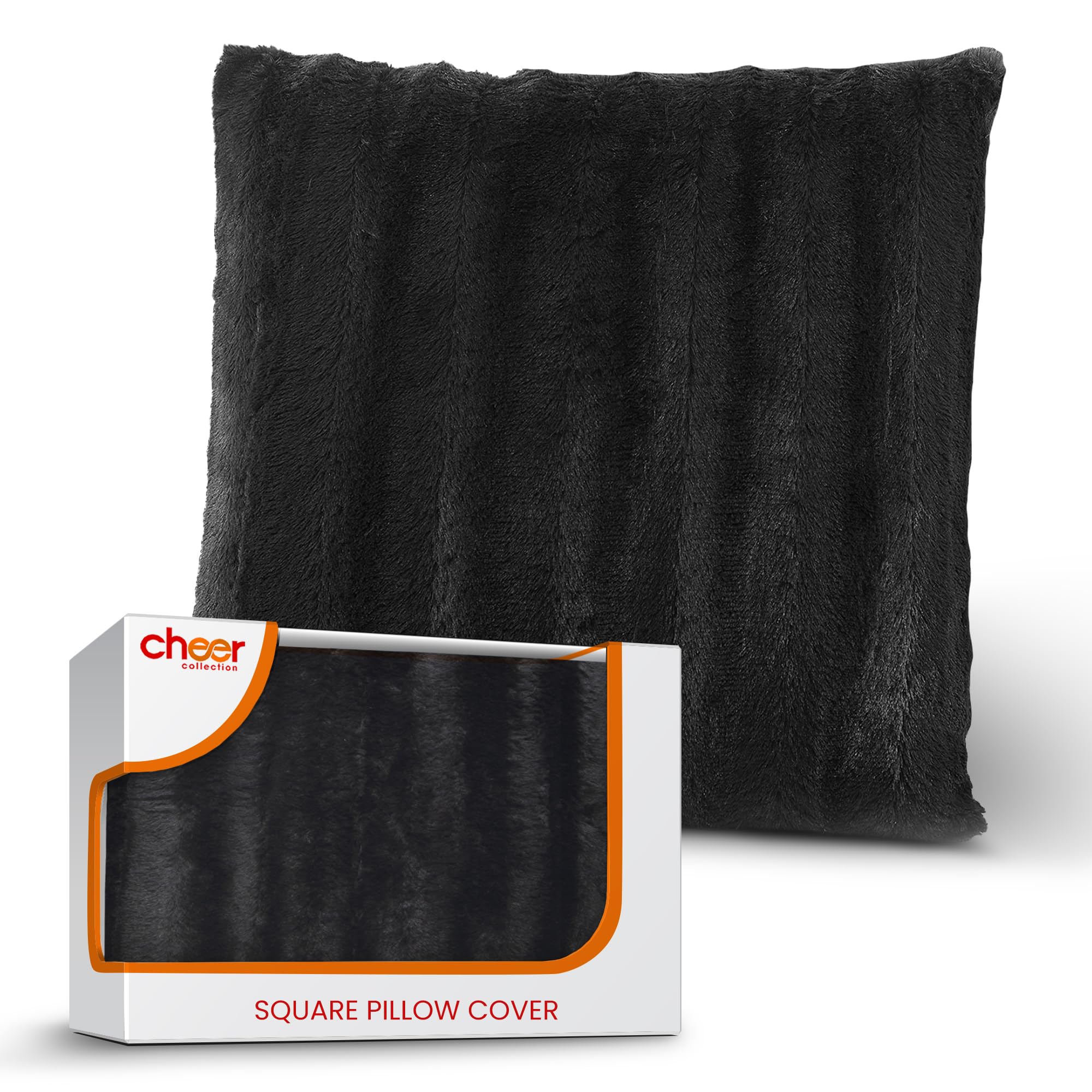 Cheer Collection Faux Fur Throw Pillow Cover 18x18 - Ultra Soft Fluffy Pillow Case for Couch, Bed & Sofa - Cozy Decorative Accent Pillow Cover in Black (Pack of 1) - Perfect for Living Room, Bedroom & Home Decor