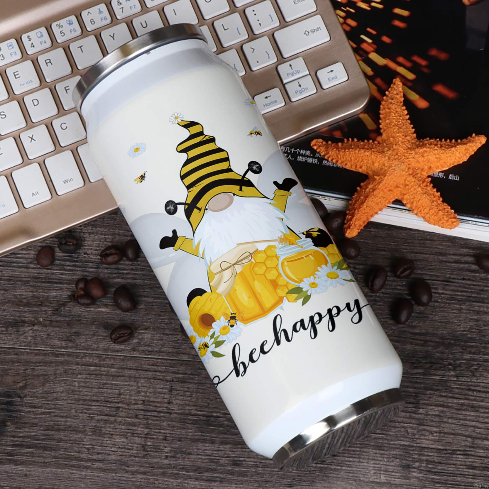 10oz Stainless Steel Tumbler with Lid & Straw - Double Wall Vacuum Insulated Travel Mug, Cute Bee Gnome Design Water Bottle for Coffee, Tea & Beverages - Perfect for Adults & Kids, Office, Gym, Hiking & Outdoor Activities
